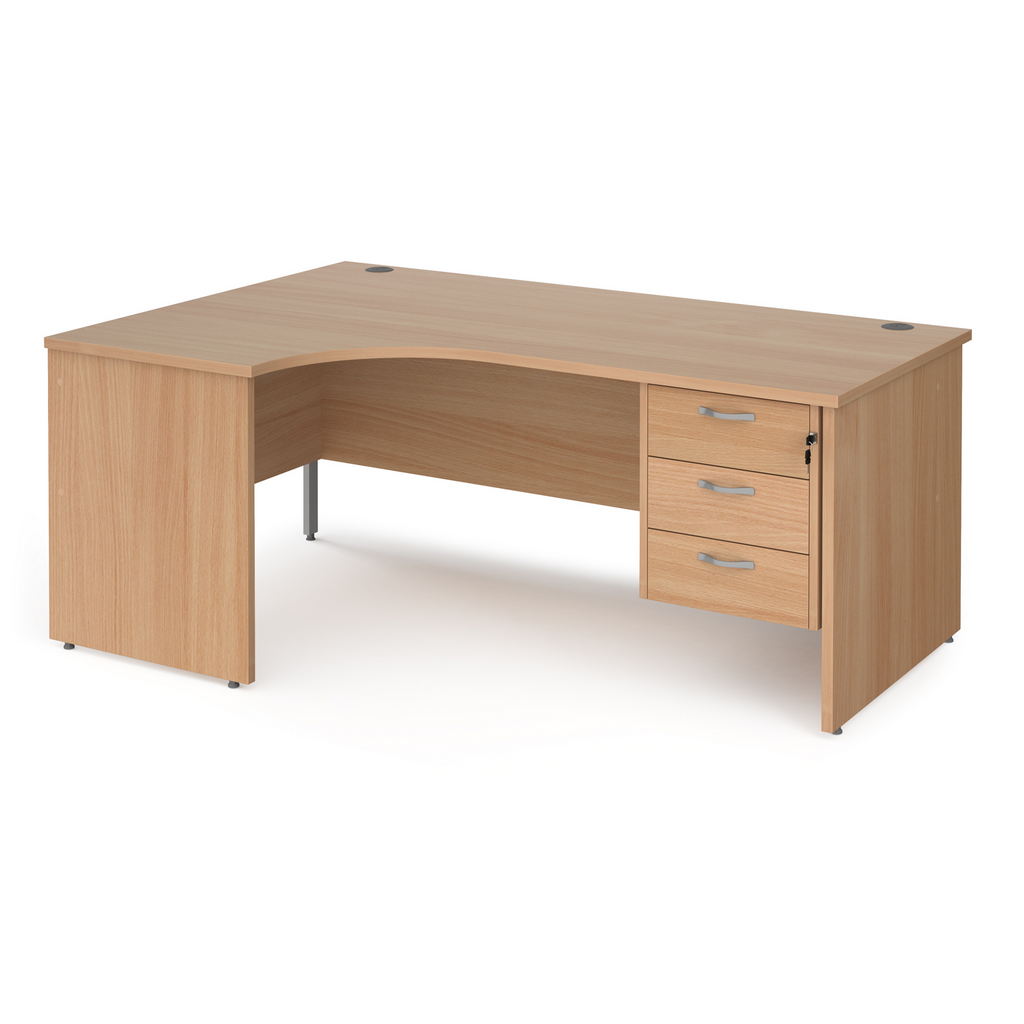 Picture of Maestro 25 left hand ergonomic desk 1800mm wide with 3 drawer pedestal - beech top with panel end leg