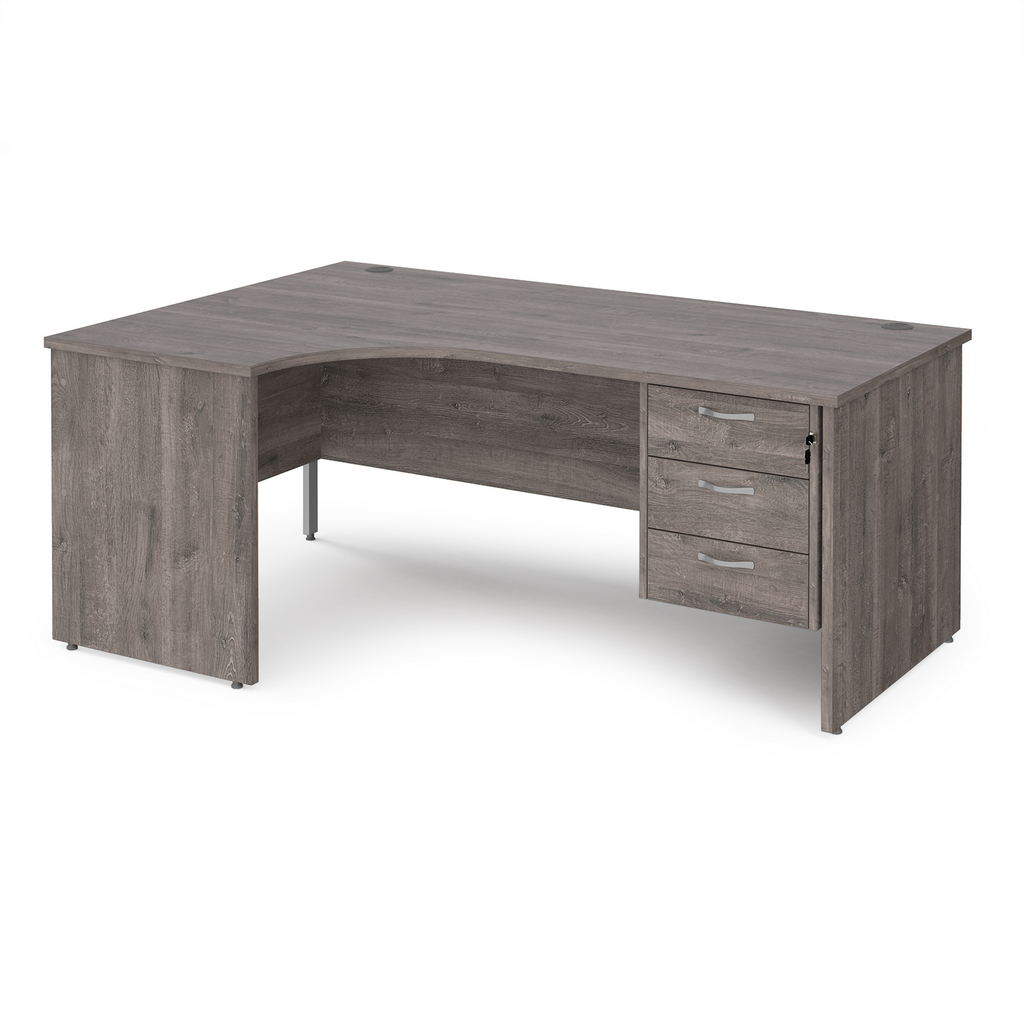 Picture of Maestro 25 left hand ergonomic desk 1800mm wide with 3 drawer pedestal - grey oak top with panel end leg