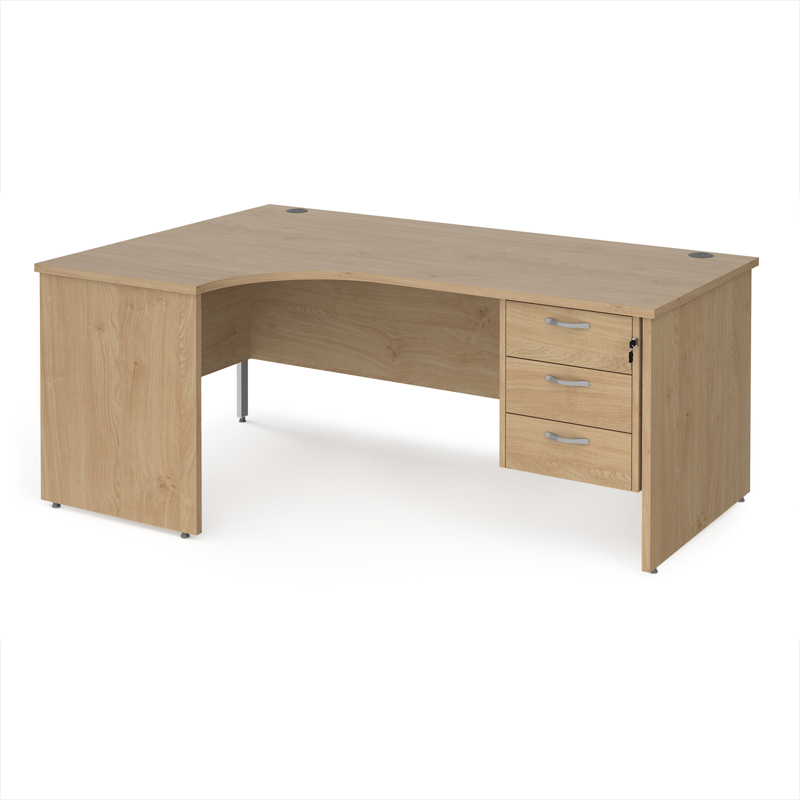 Picture of Maestro 25 left hand ergonomic desk 1800mm wide with 3 drawer pedestal - Kendal Oak Top with panel end leg