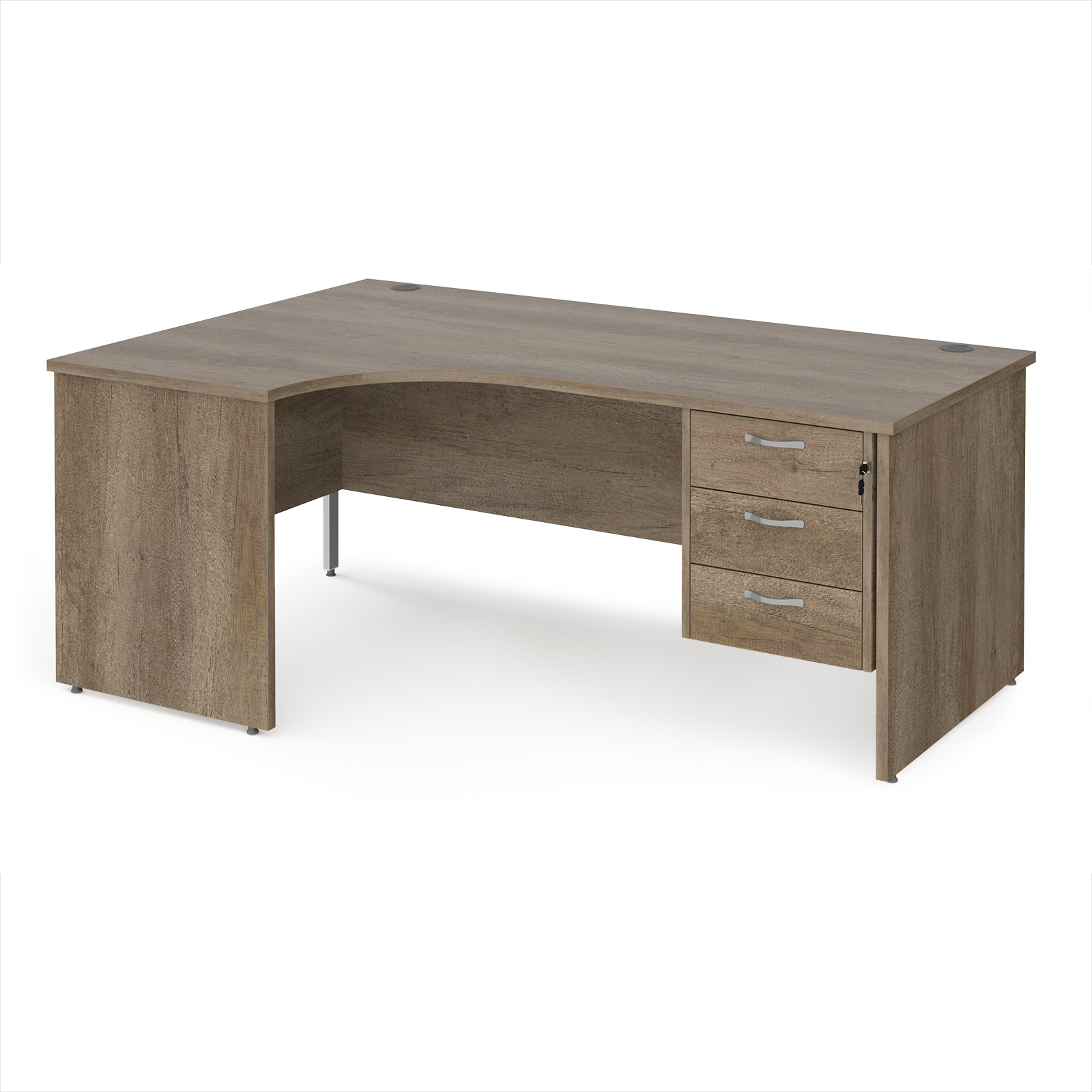 Picture of Maestro 25 left hand ergonomic desk 1800mm wide with 3 drawer pedestal - Nebraska Oak Top with panel end leg