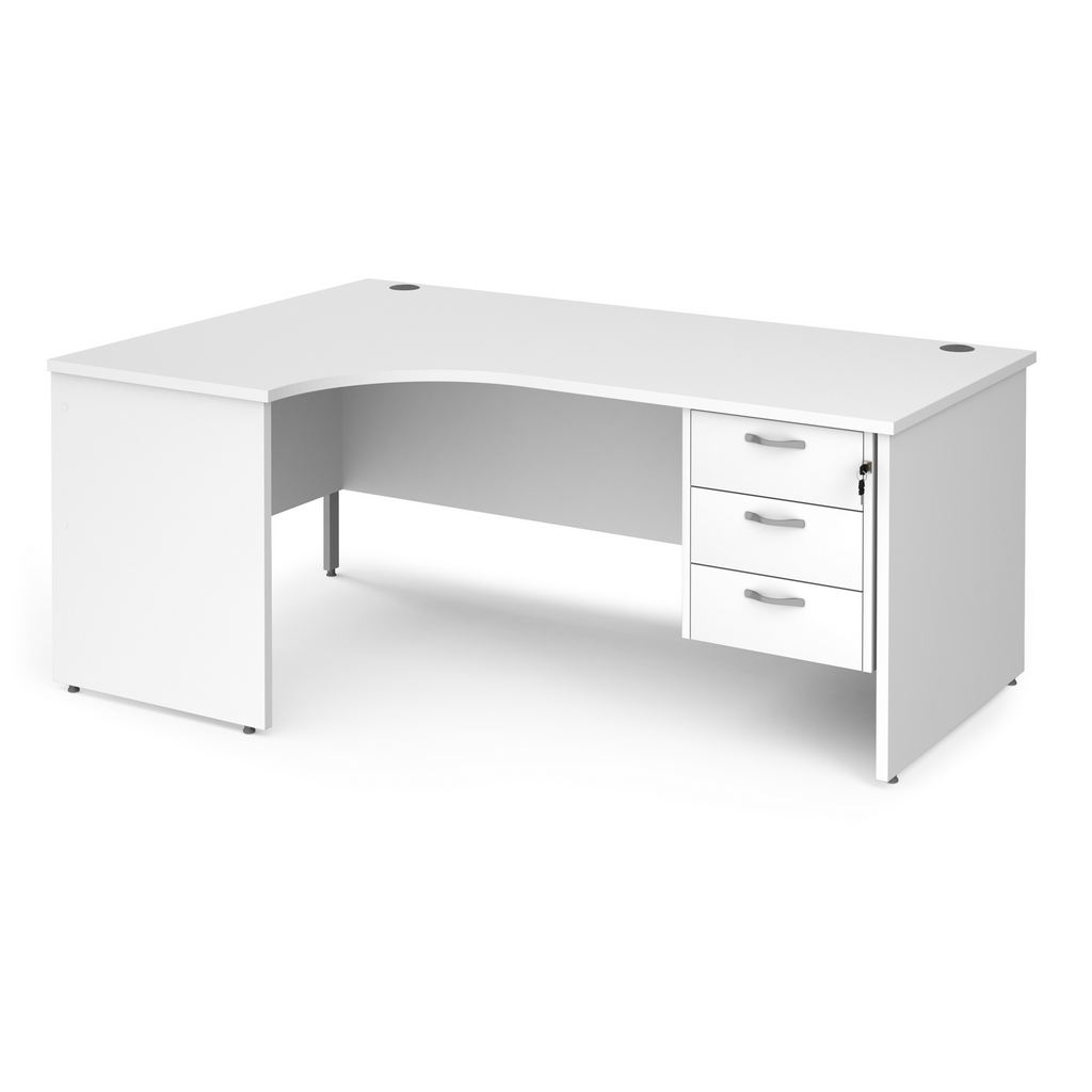 Picture of Maestro 25 left hand ergonomic desk 1800mm wide with 3 drawer pedestal - white top with panel end leg