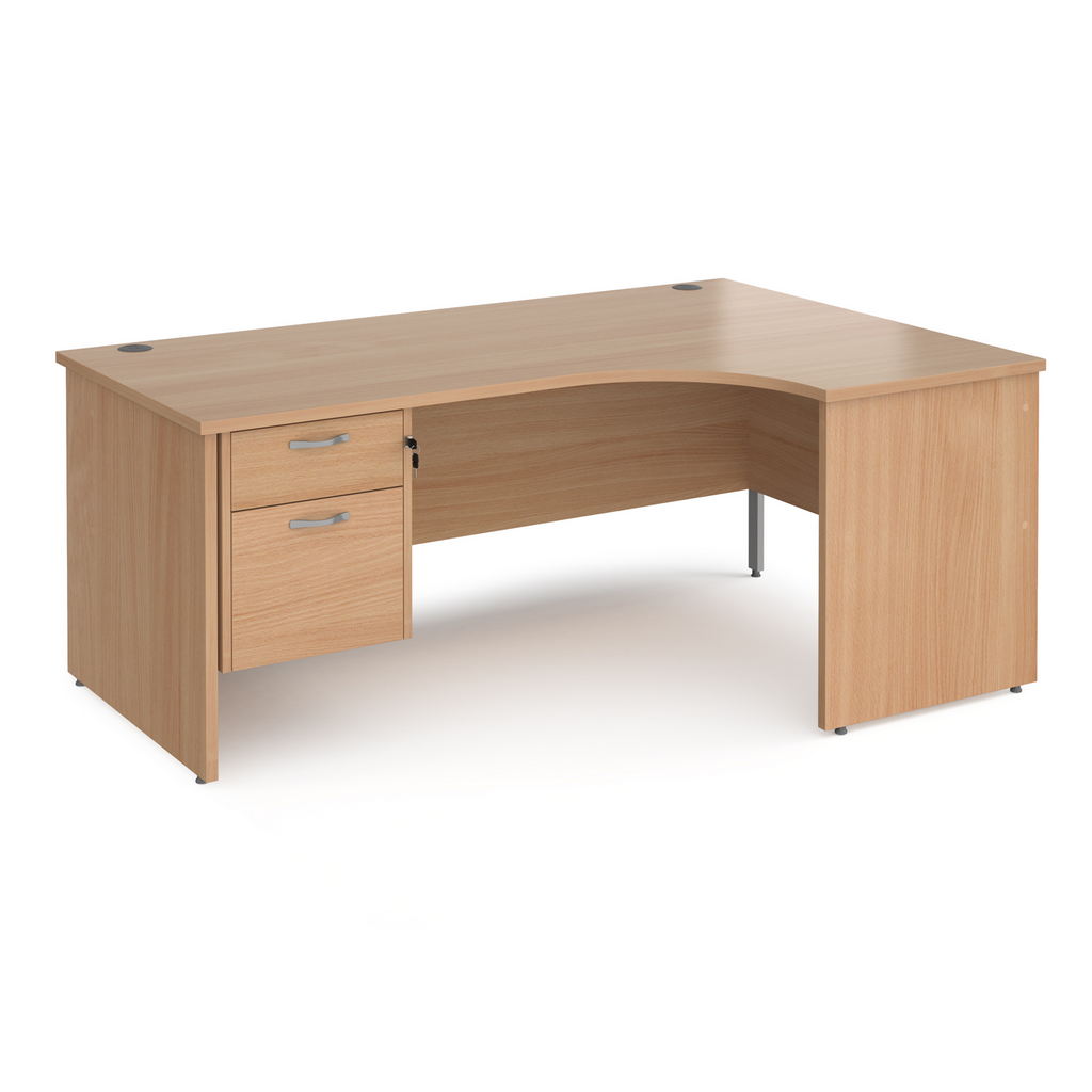 Picture of Maestro 25 right hand ergonomic desk 1800mm wide with 2 drawer pedestal - beech top with panel end leg