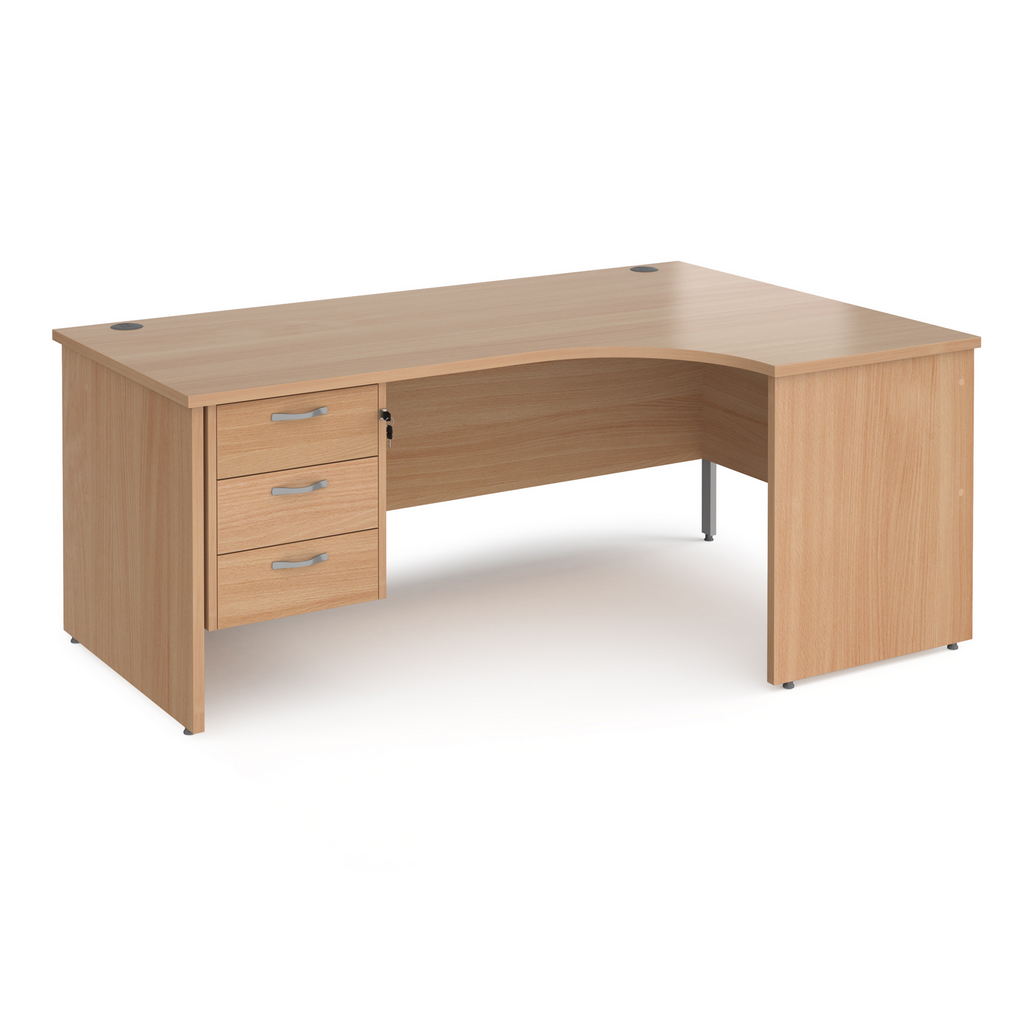 Picture of Maestro 25 right hand ergonomic desk 1800mm wide with 3 drawer pedestal - beech top with panel end leg