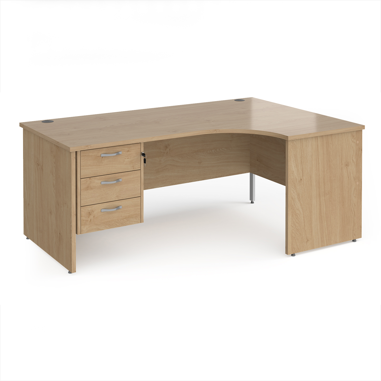 Picture of Maestro 25 right hand ergonomic desk 1800mm wide with 3 drawer pedestal - Kendal Oak Top with panel end leg