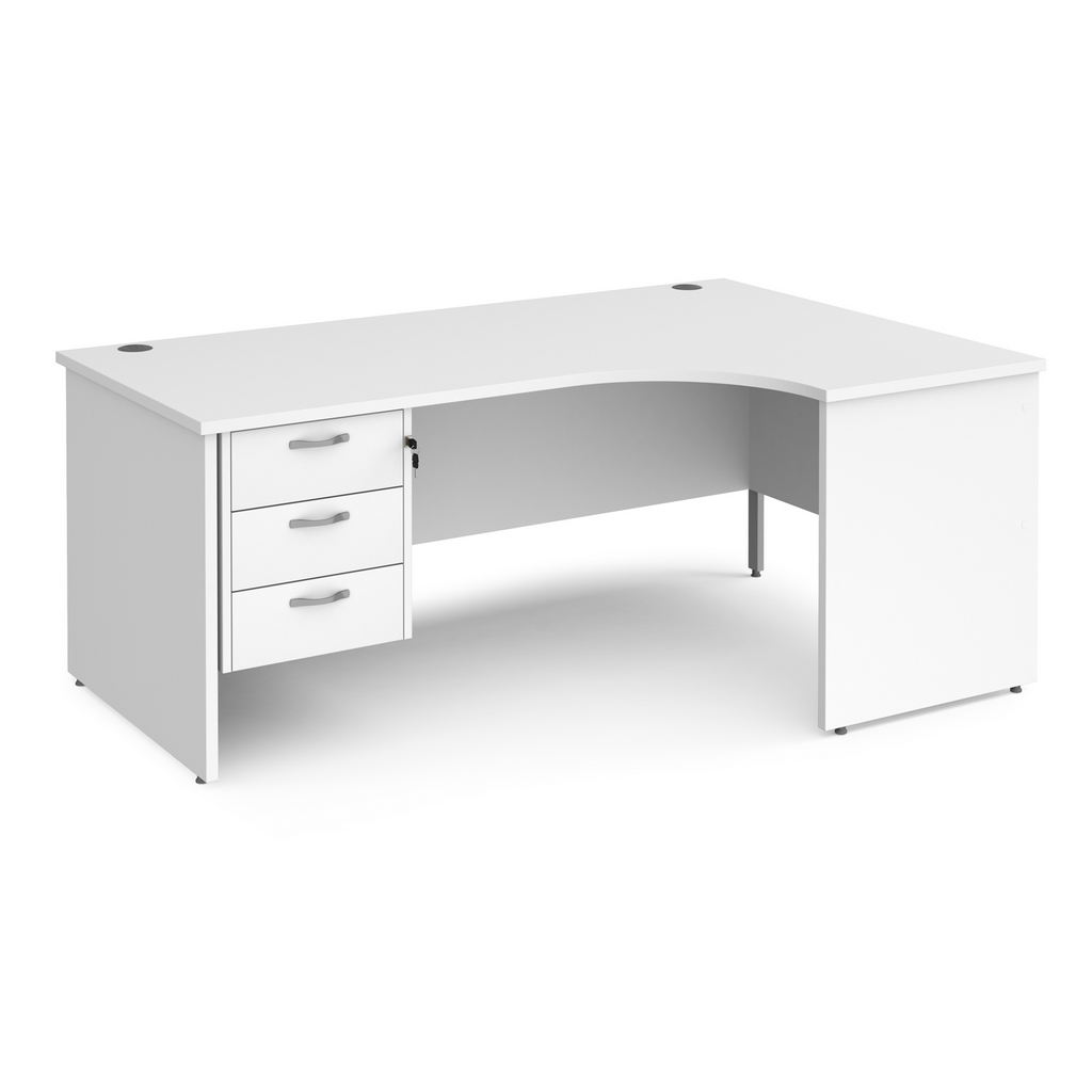 Picture of Maestro 25 right hand ergonomic desk 1800mm wide with 3 drawer pedestal - white top with panel end leg