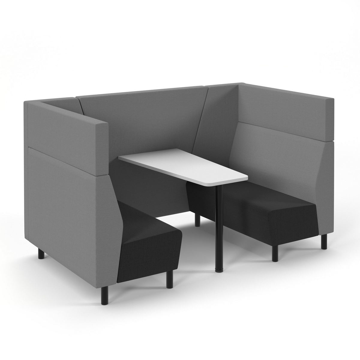 Picture of Muse 4 person fabric booth with white table, black legs and upholstered in black seats with grey backs and infill