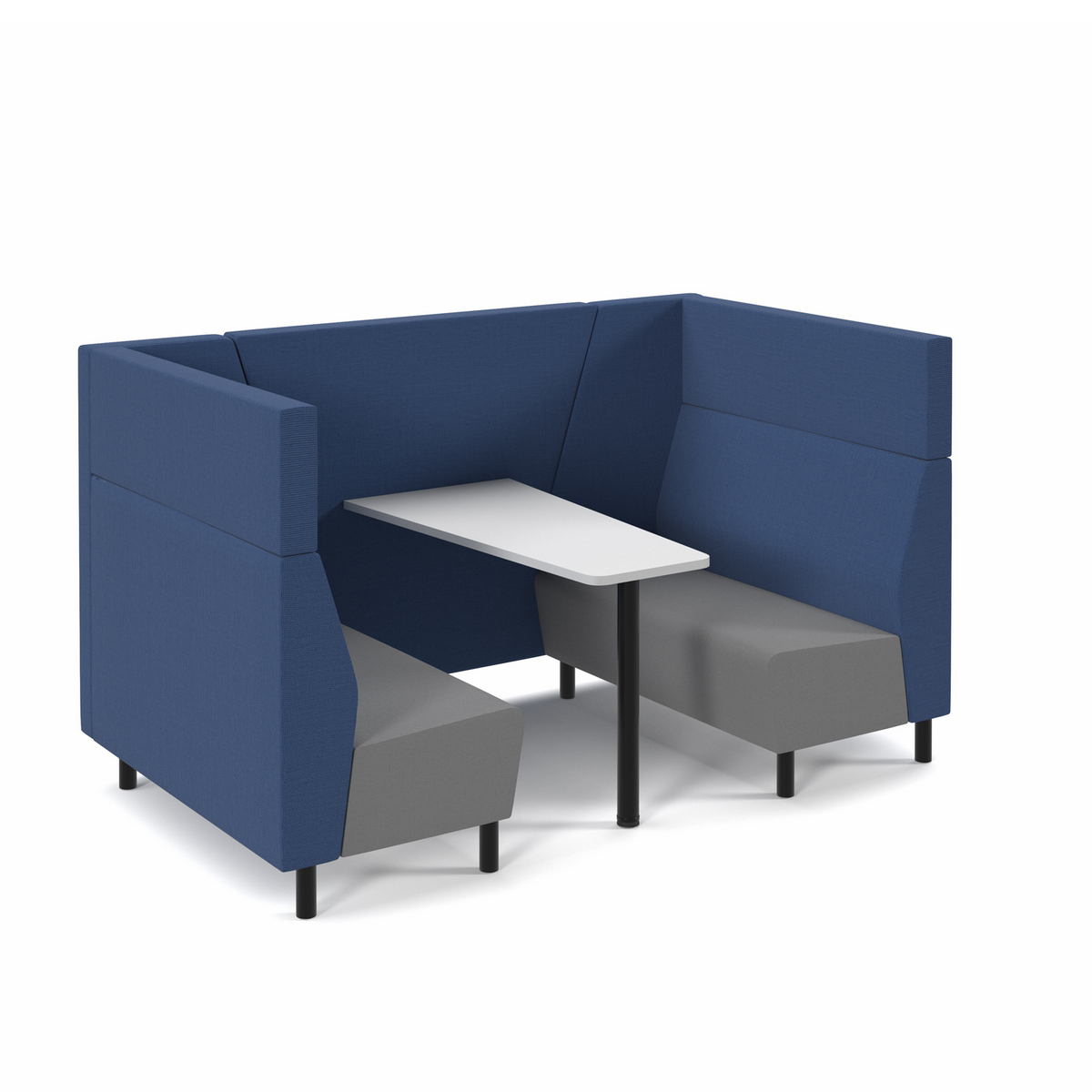 Picture of Muse 4 person fabric booth with white table, black legs and upholstered in blue seats with grey backs and infill