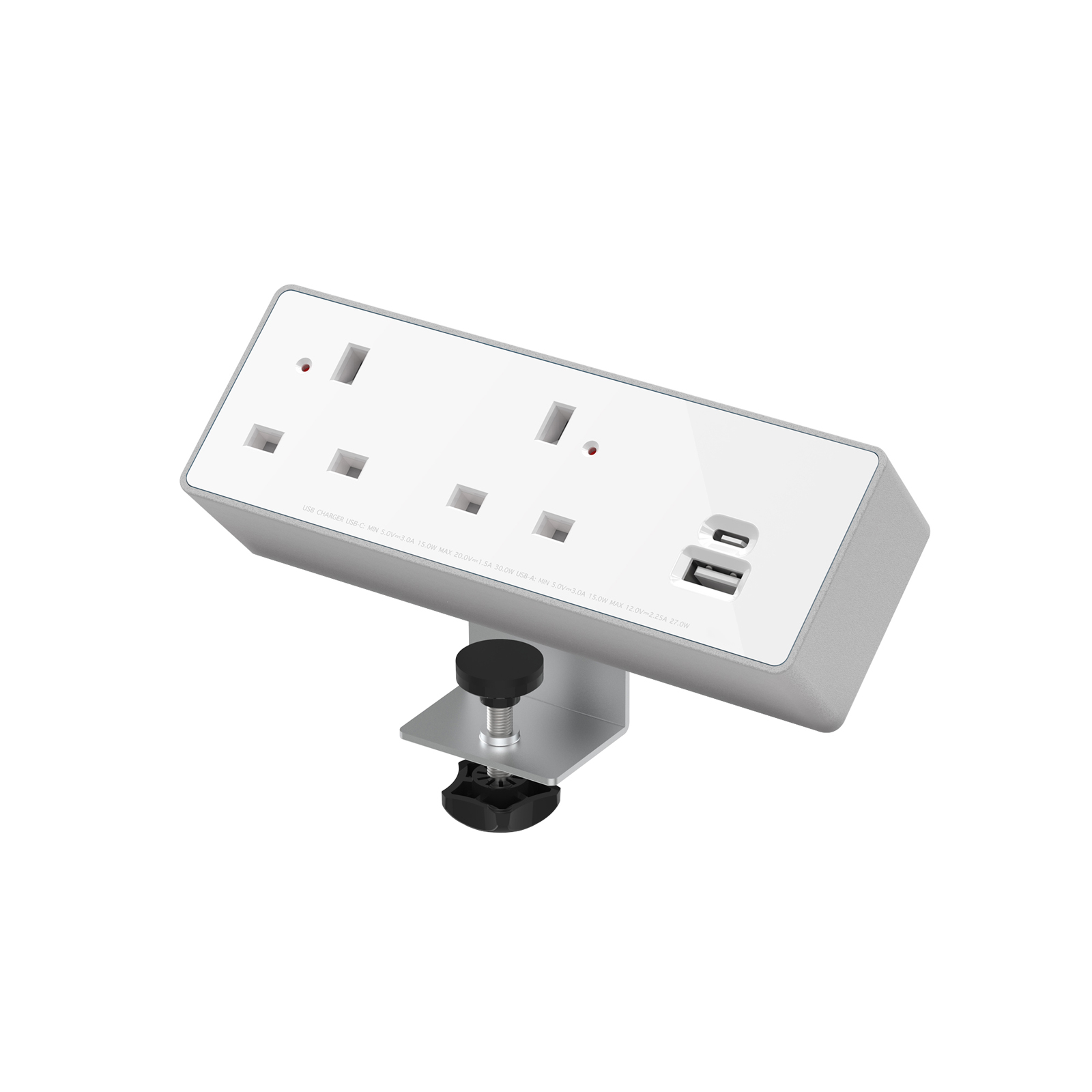 Picture of Double Socket 240v with 1x 30W USB-C and 1x 27W USB-A Silver / White
