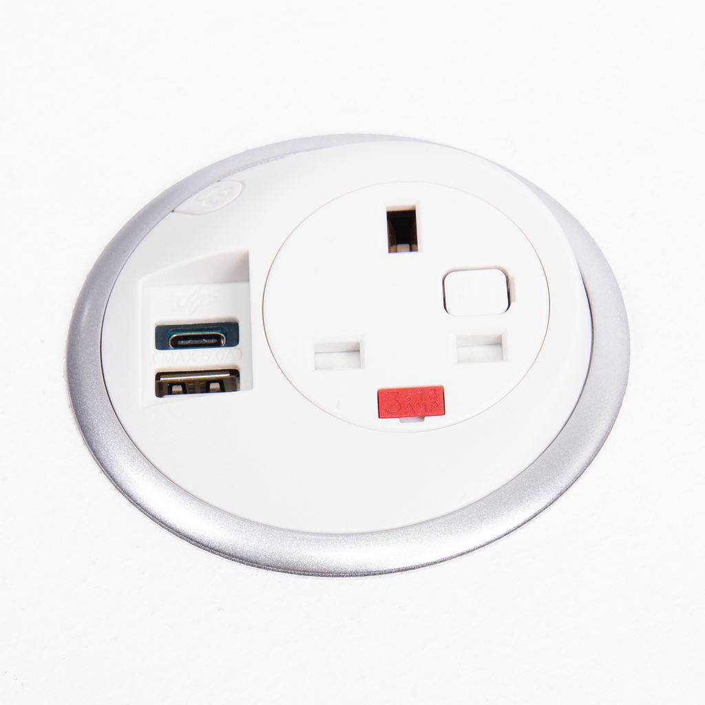 Picture of Pixel in-surface power module 1 x UK socket, 1 x TUF (A&C connectors) USB charger - white