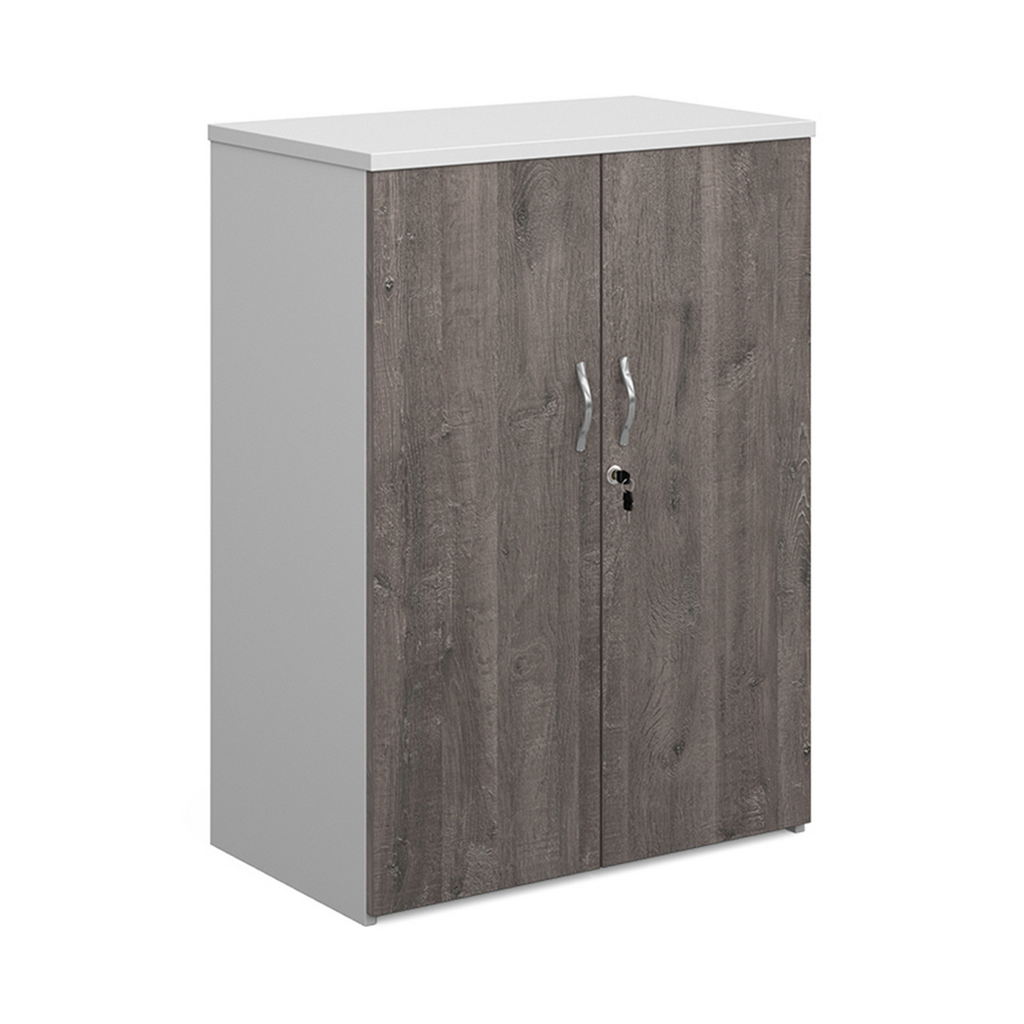 Picture of Duo double door cupboard 1090mm high with 2 shelves - white with grey oak doors