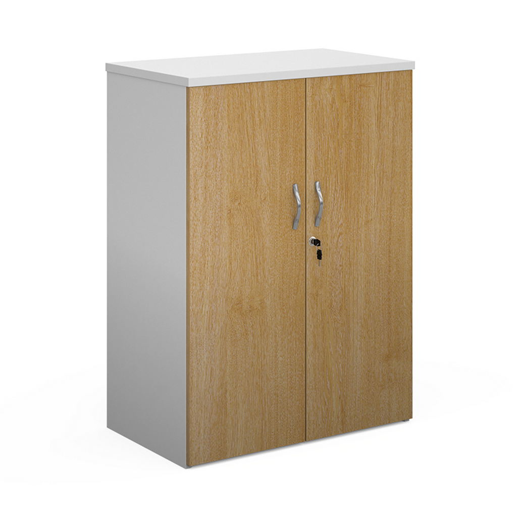 Picture of Duo double door cupboard 1090mm high with 2 shelves - white with oak doors
