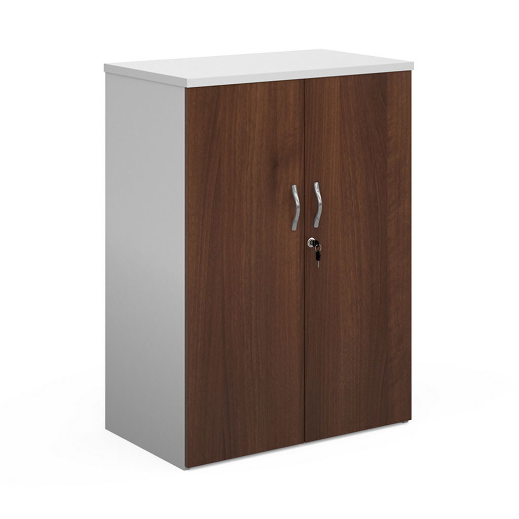 Picture of Duo double door cupboard 1090mm high with 2 shelves - white with walnut doors