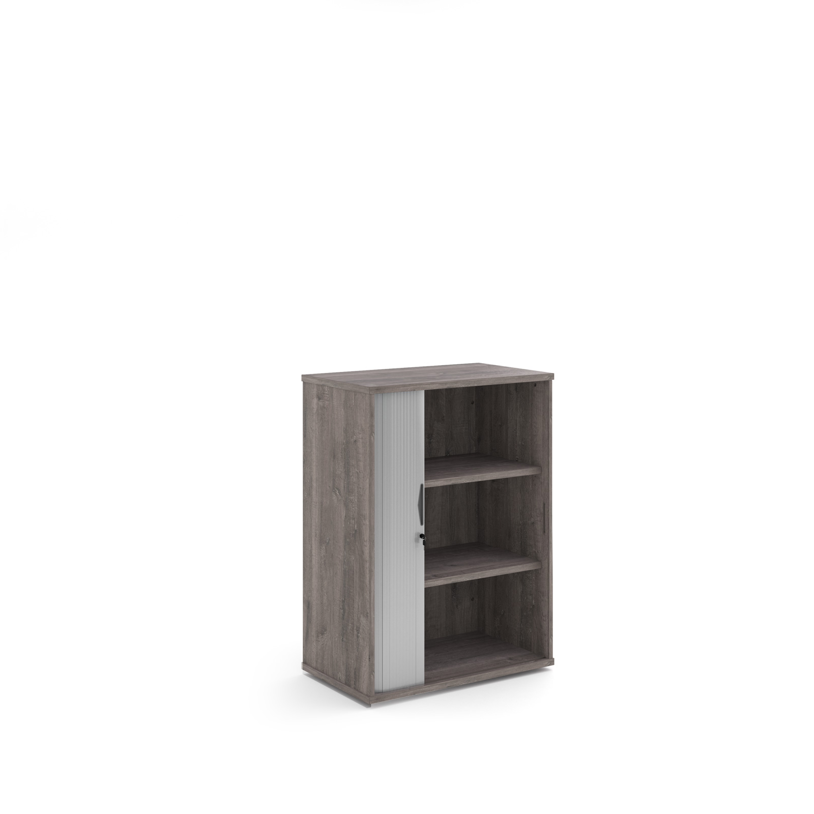 Picture of Universal single door tambour cupboard 1090mm high with 2 shelves - Grey Oak with silver door
