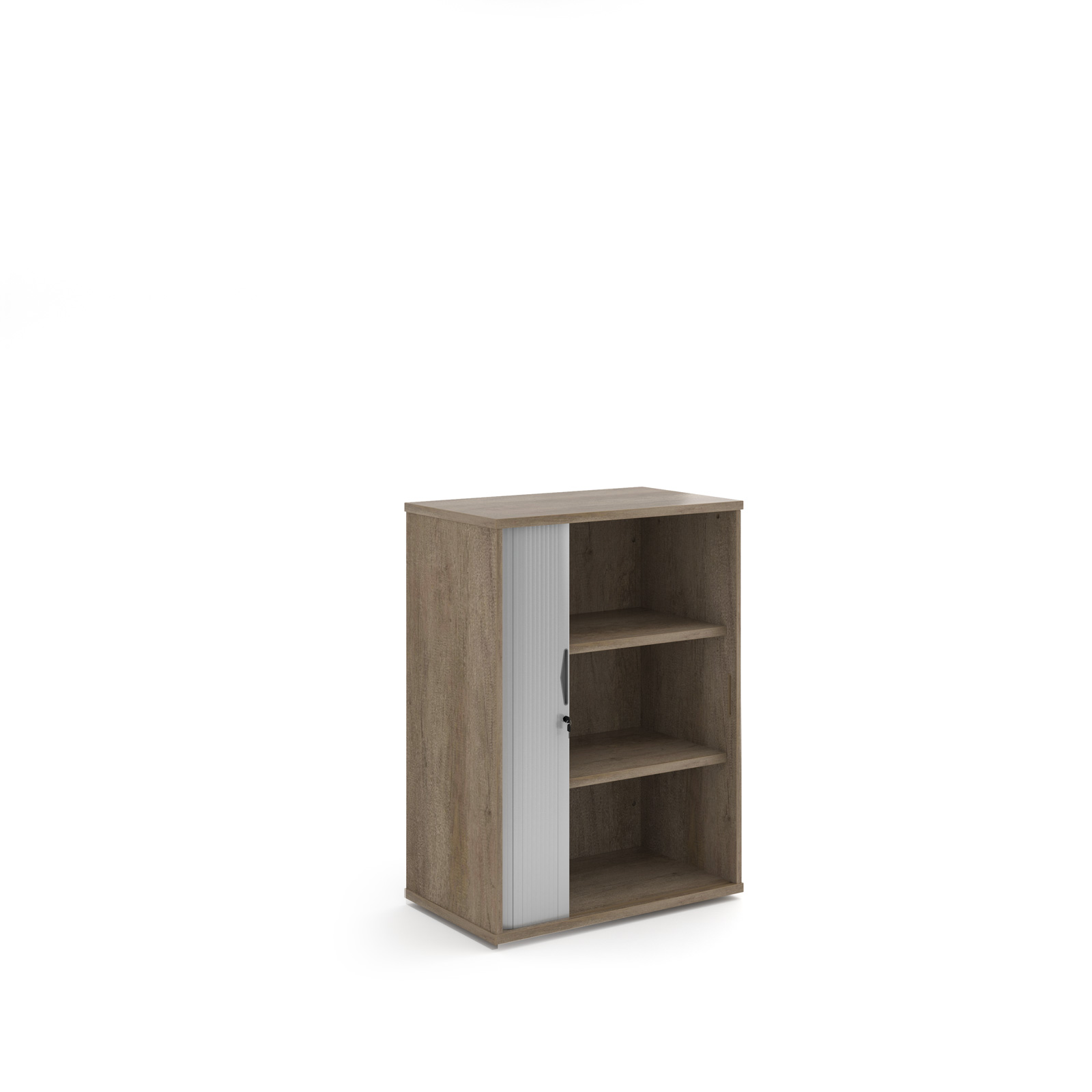 Picture of Universal single door tambour cupboard 1090mm high with 2 shelves - Kendal Oak with silver door