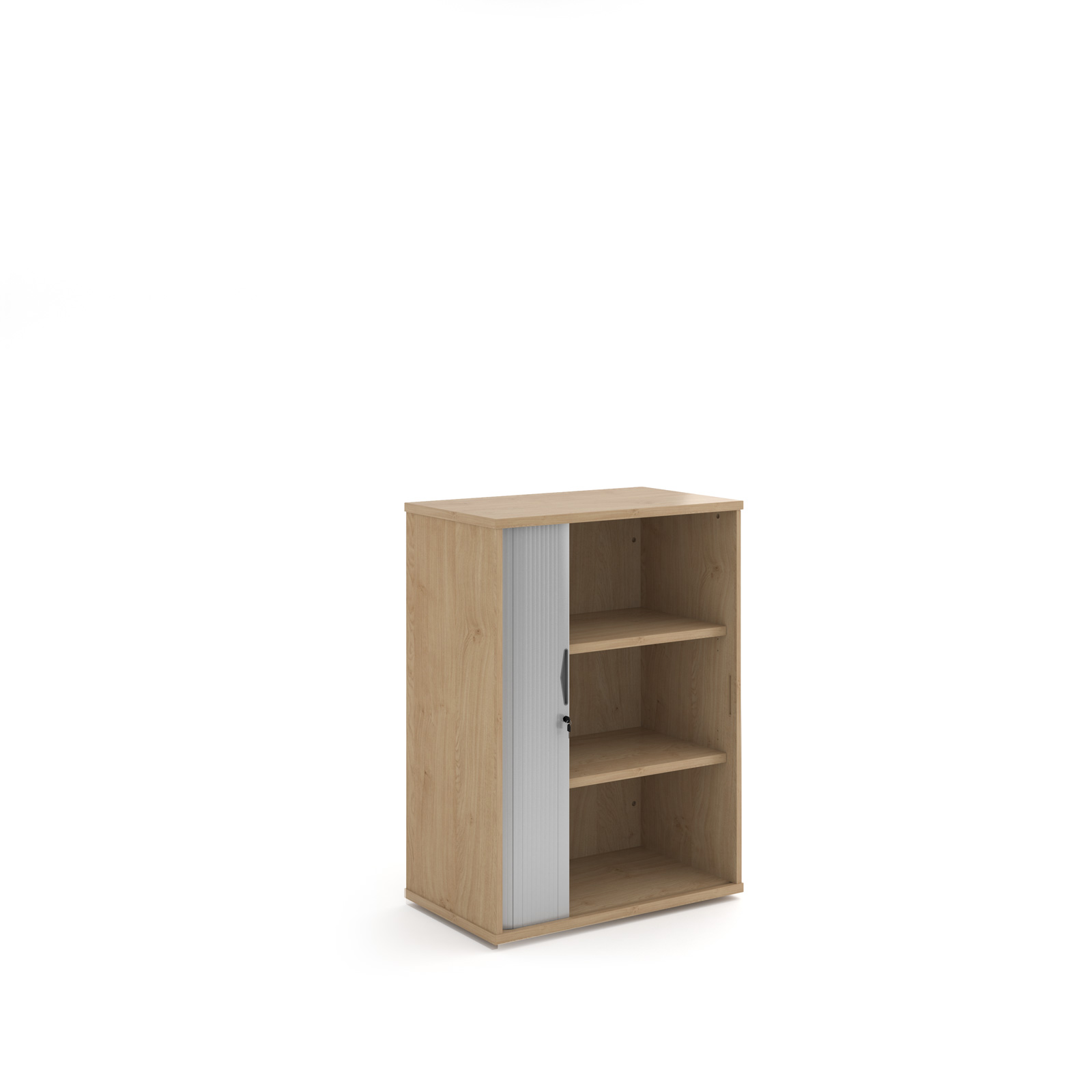 Picture of Universal single door tambour cupboard 1090mm high with 2 shelves - Nebraska Oak with silver door