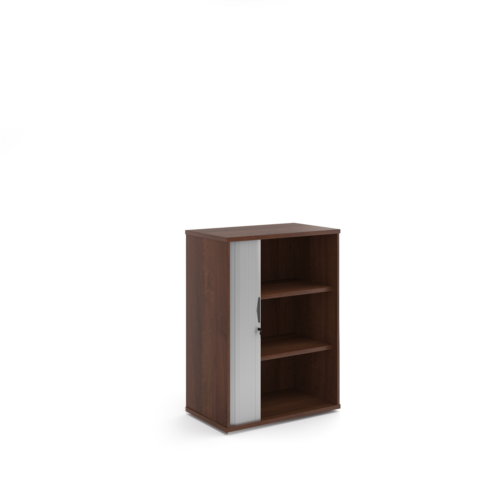 Picture of Universal single door tambour cupboard 1090mm high with 2 shelves - Walnut with silver door