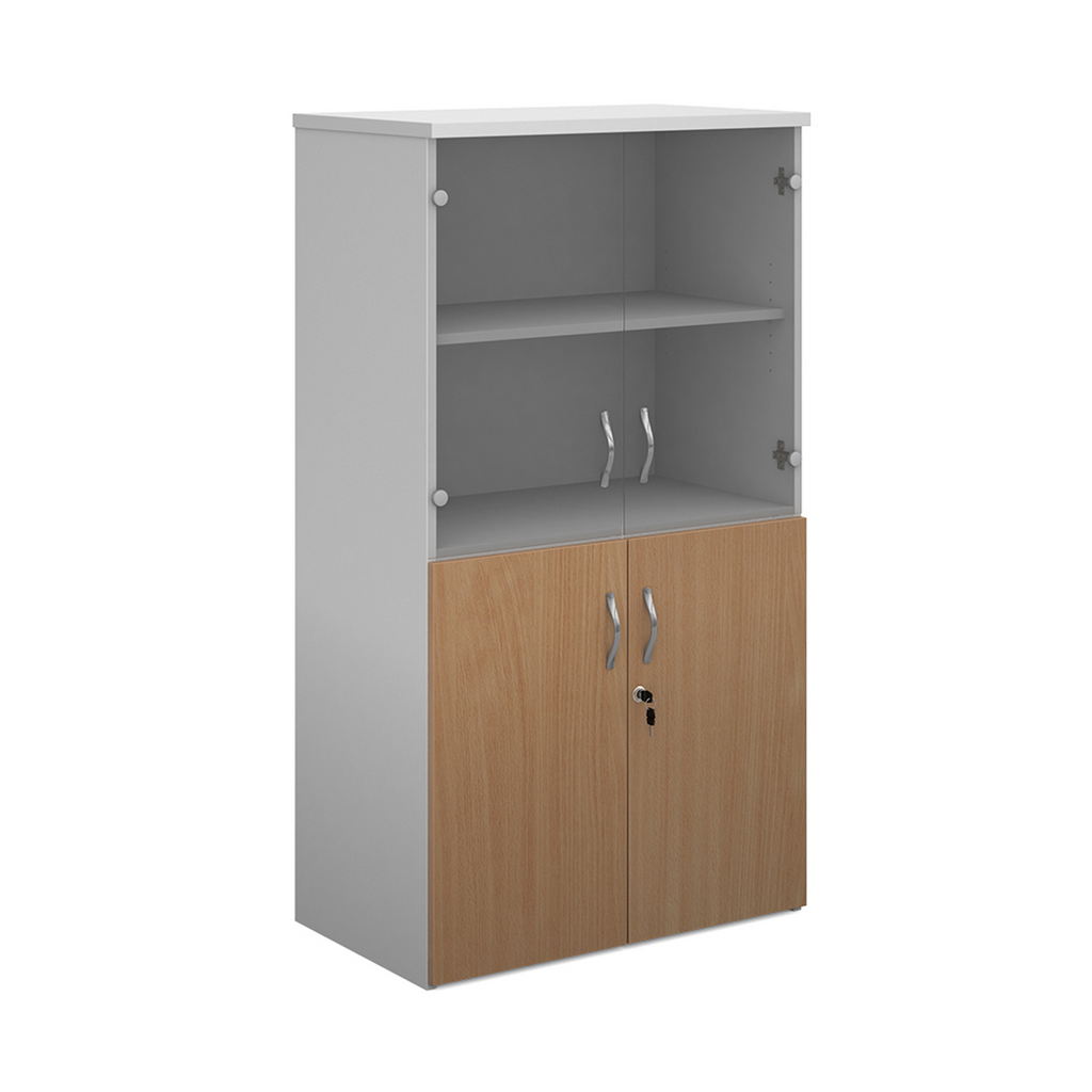 Picture of Duo combination unit with glass upper doors 1440mm high with 3 shelves - white with beech lower doors