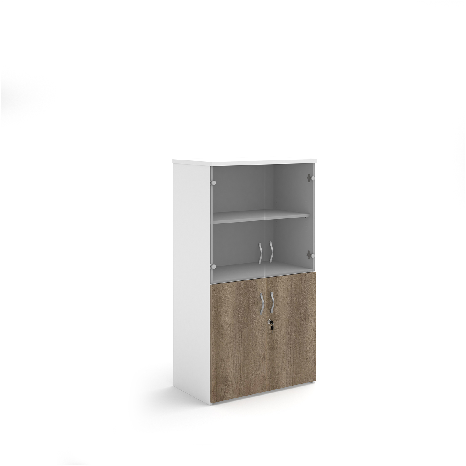 Picture of Duo combination unit with glass upper doors 1440mm high with 3 shelves -White/Nebraska Oak