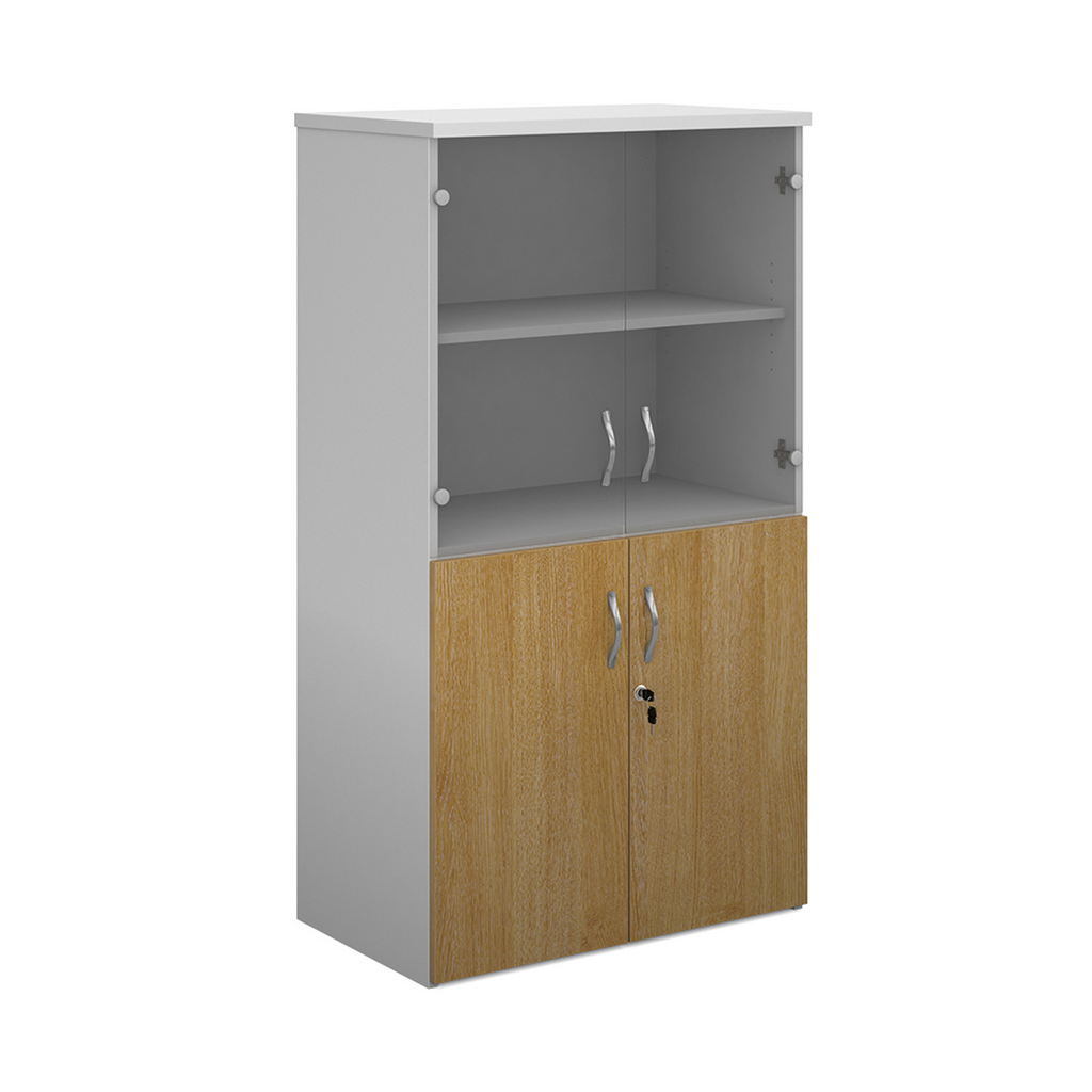 Picture of Duo combination unit with glass upper doors 1440mm high with 3 shelves - white with oak lower doors