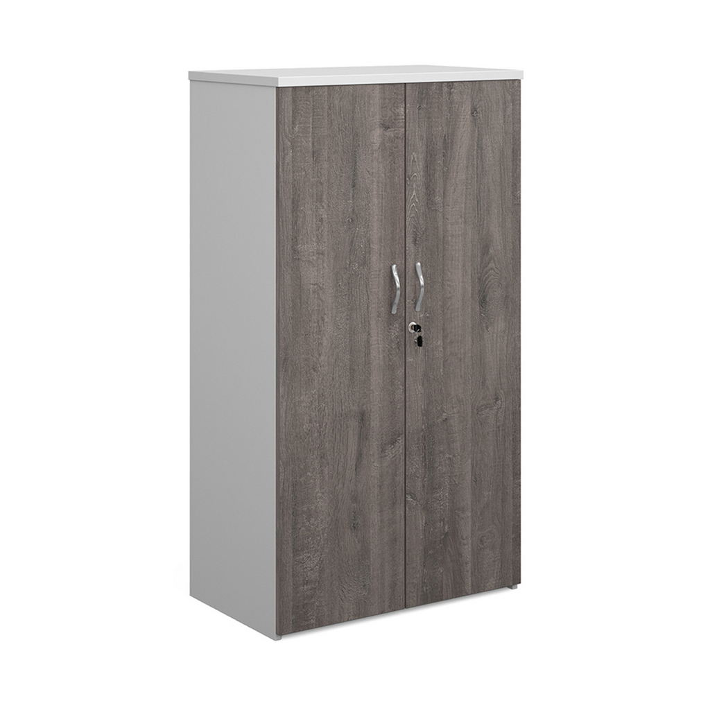 Picture of Duo double door cupboard 1440mm high with 3 shelves - white with grey oak doors