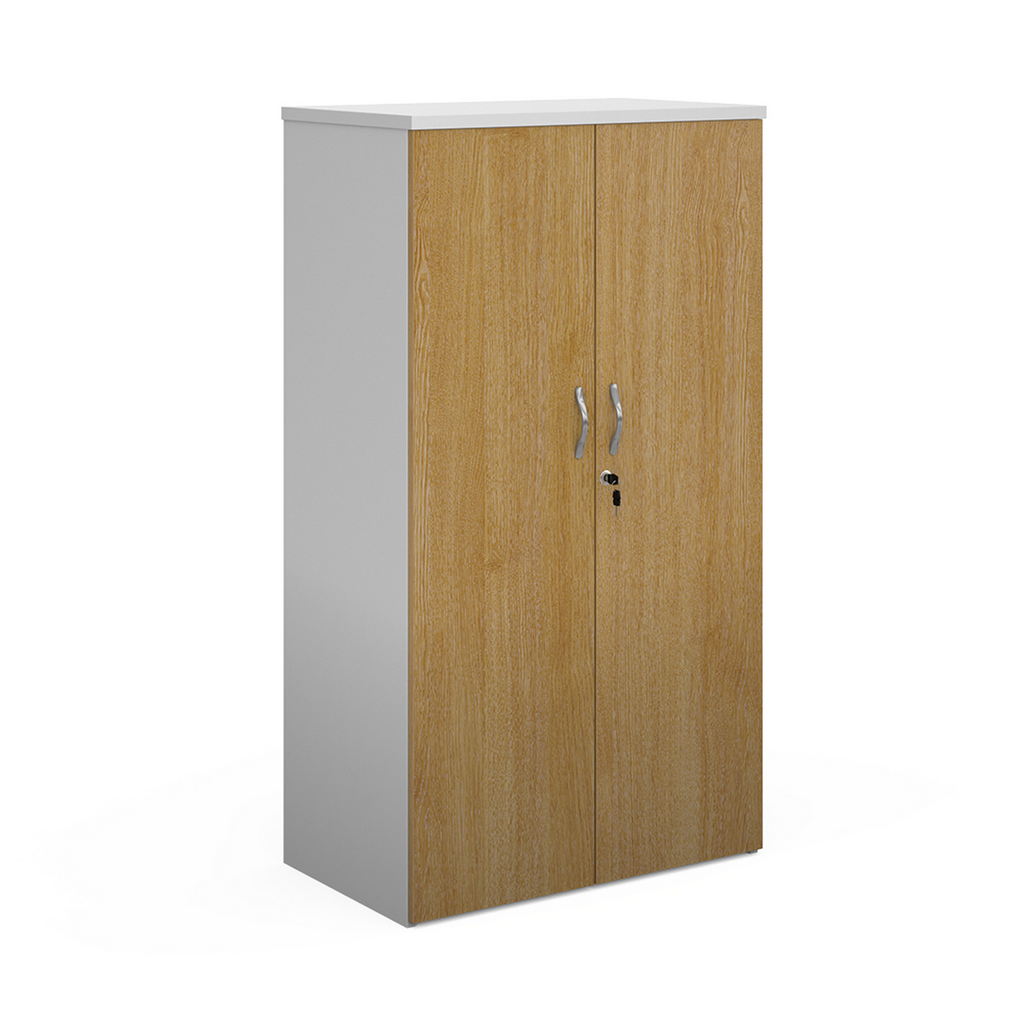 Picture of Duo double door cupboard 1440mm high with 3 shelves - white with oak doors