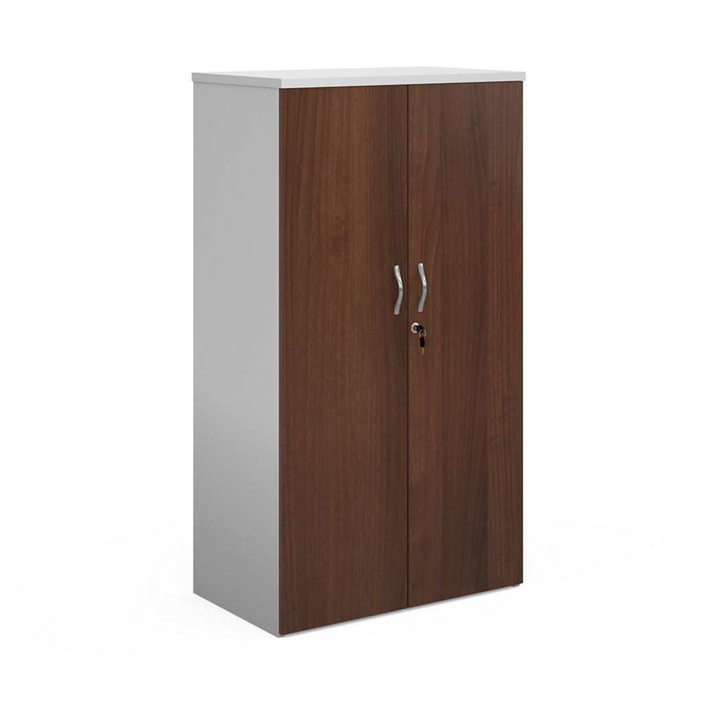 Picture of Duo double door cupboard 1440mm high with 3 shelves - white with walnut doors