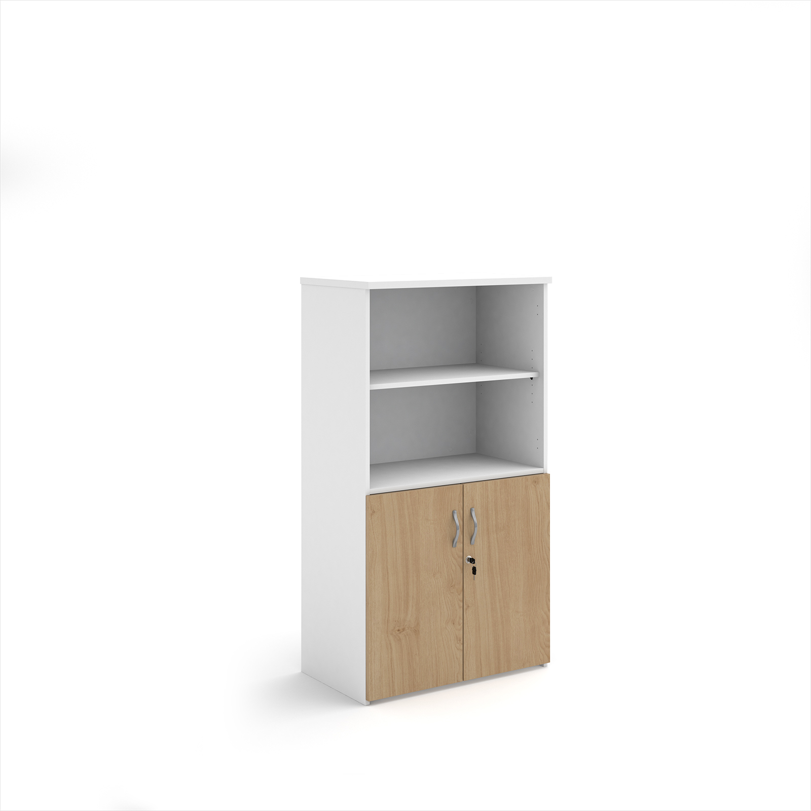 Picture of Duo combination unit with open top 1440mm high with 3 shelves - white with Kendal oak lower doors