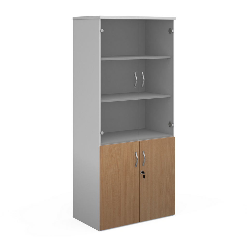 Picture of Duo combination unit with glass upper doors 1790mm high with 4 shelves - white with grey oak lower doors
