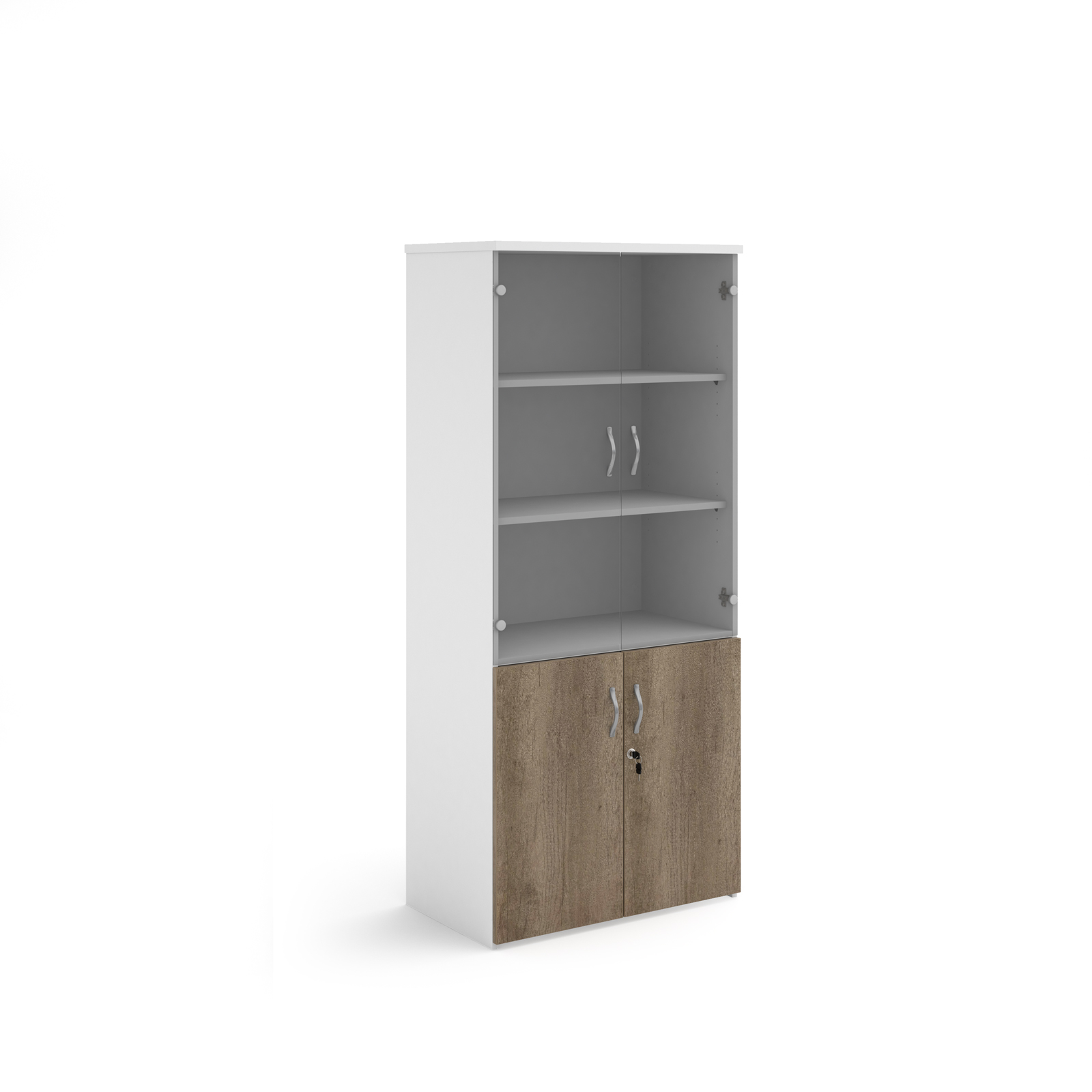 Picture of Duo combination unit with glass upper doors 1790mm high with 4 shelves - white with Nebraska oak lower doors