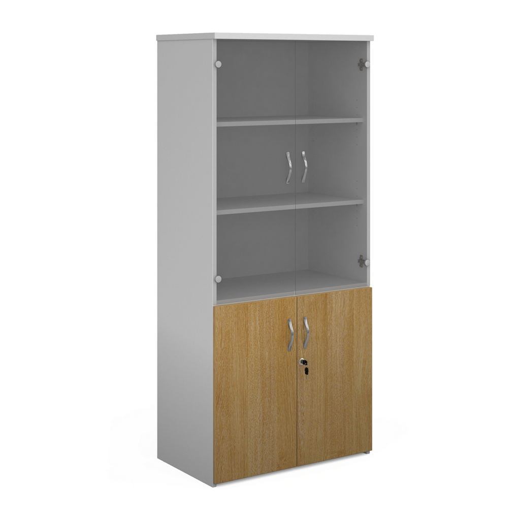 Picture of Duo combination unit with glass upper doors 1790mm high with 4 shelves - white with oak lower doors