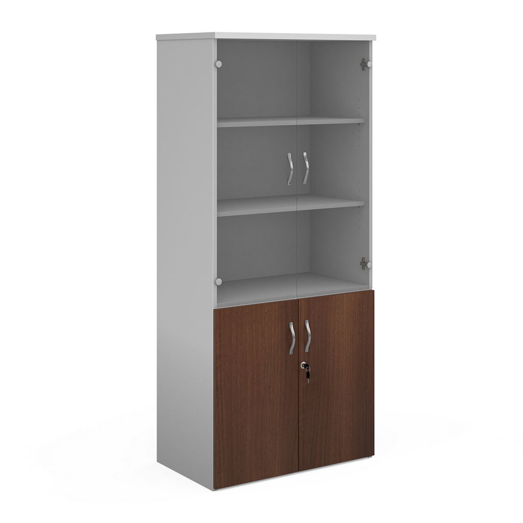 Picture of Duo combination unit with glass upper doors 1790mm high with 4 shelves - white with walnut lower doors