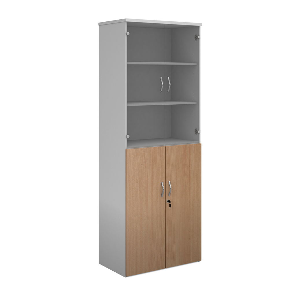 Picture of Duo combination unit with glass upper doors 2140mm high with 5 shelves - white with beech lower doors