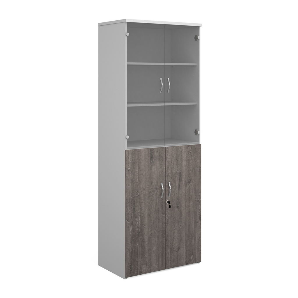 Picture of Duo combination unit with glass upper doors 2140mm high with 5 shelves - white with grey oak lower doors