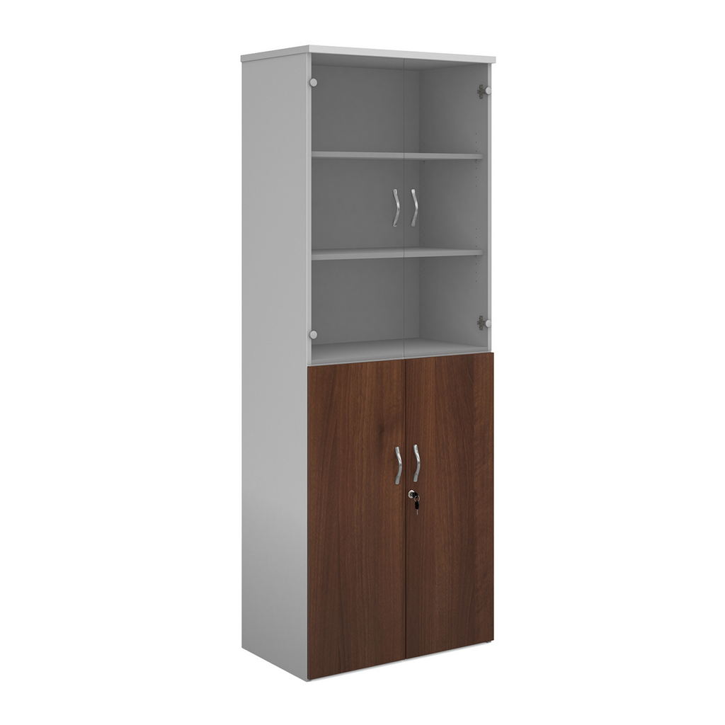 Picture of Duo combination unit with glass upper doors 2140mm high with 5 shelves - white with walnut lower doors
