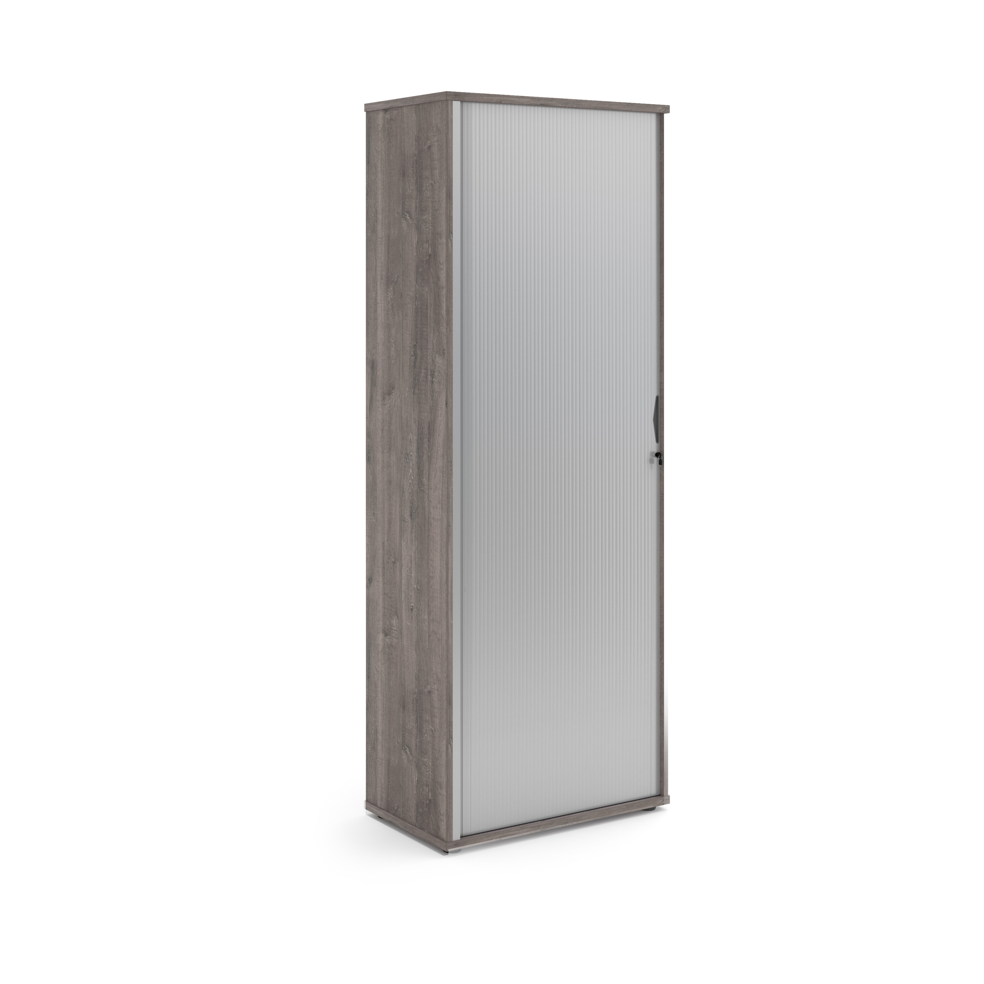 Picture of Universal single door tambour cupboard 2140mm high with 5 shelves - Grey Oak with silver door