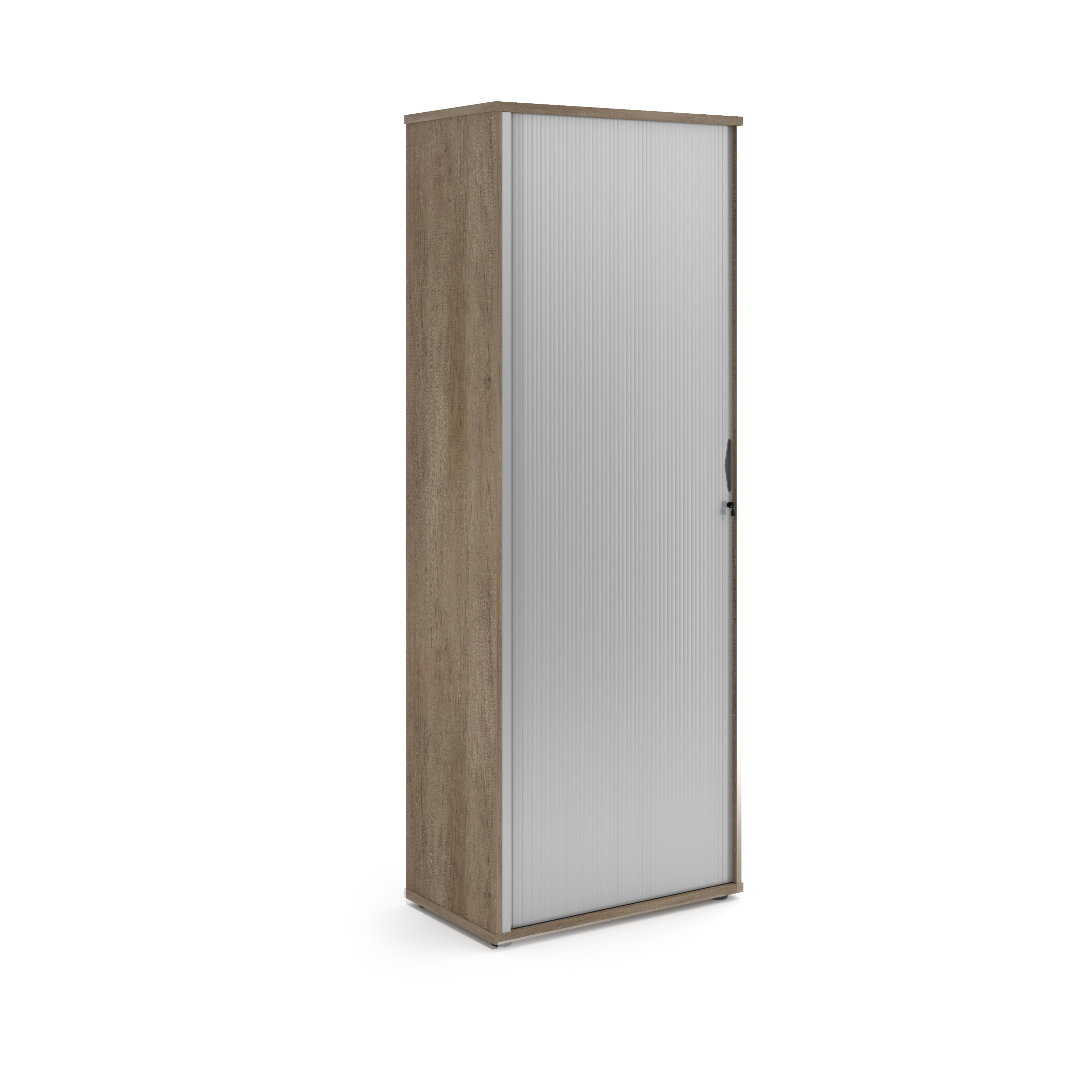 Picture of Universal single door tambour cupboard 2140mm high with 5 shelves - Nebraska Oak with silver door