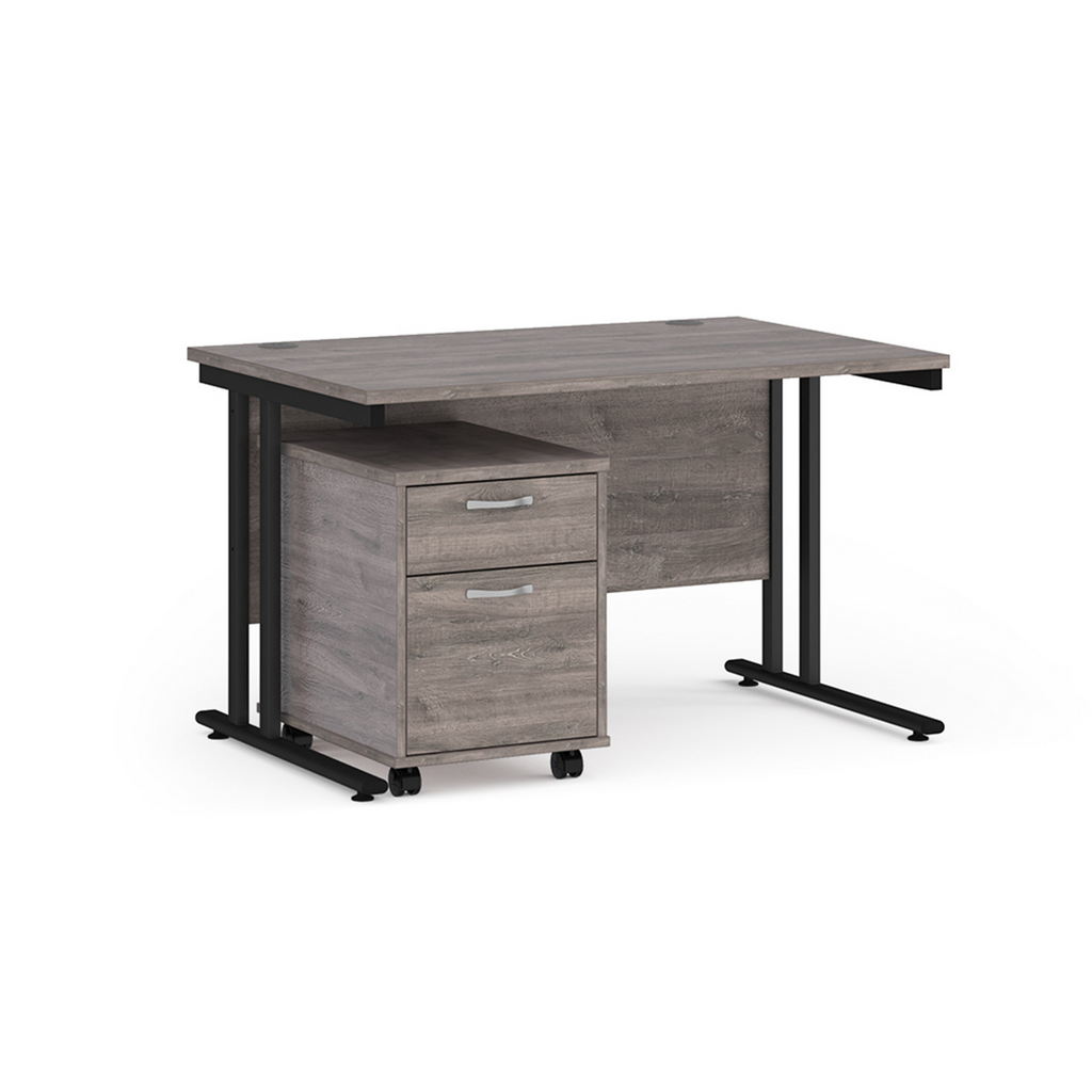 Picture of Maestro 25 straight desk 1200mm x 800mm with black cantilever frame and 2 drawer pedestal - grey oak