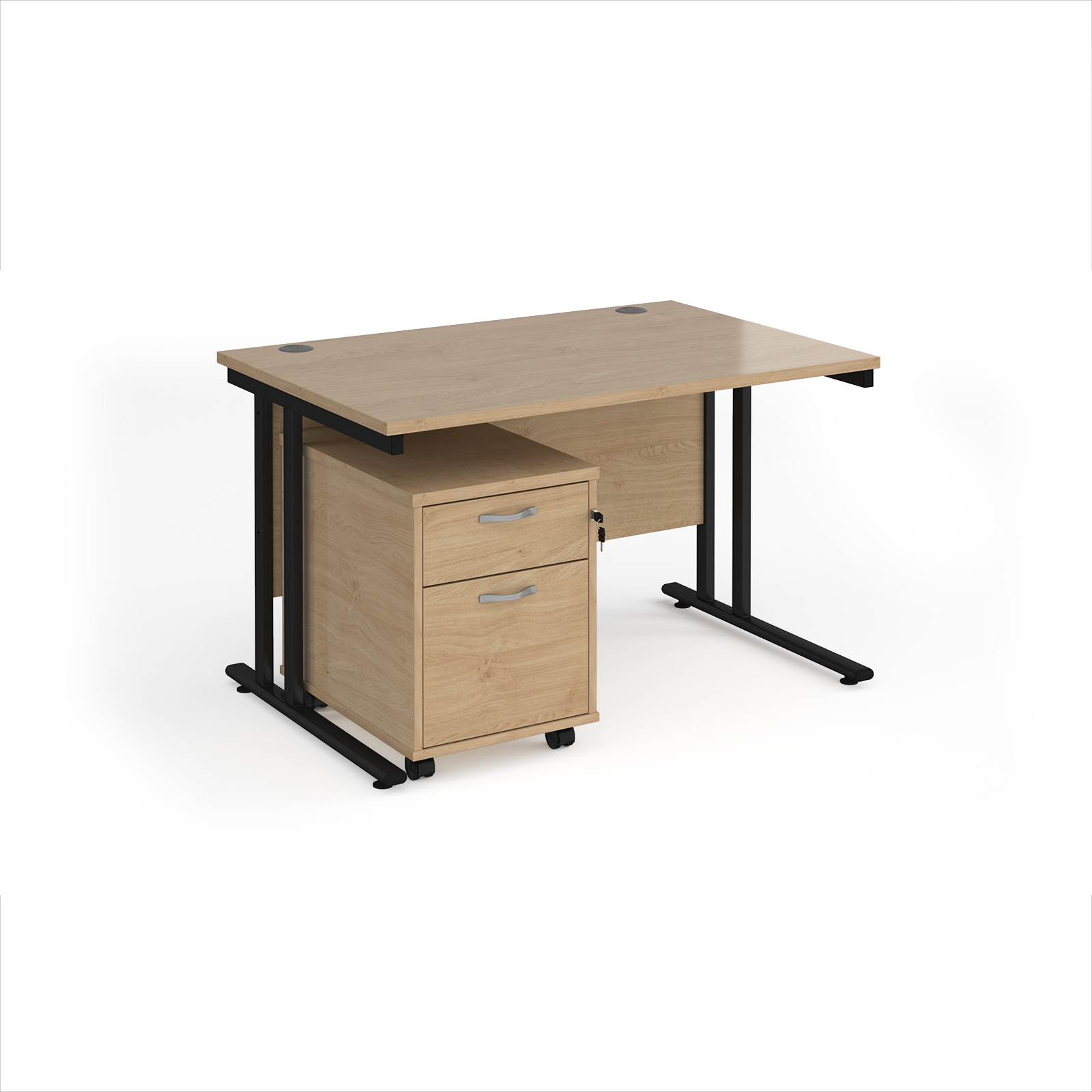 Picture of Maestro 25 straight desk 1200mm x 800mm with black cantilever frame and 2 drawer pedestal - Kendal Oak