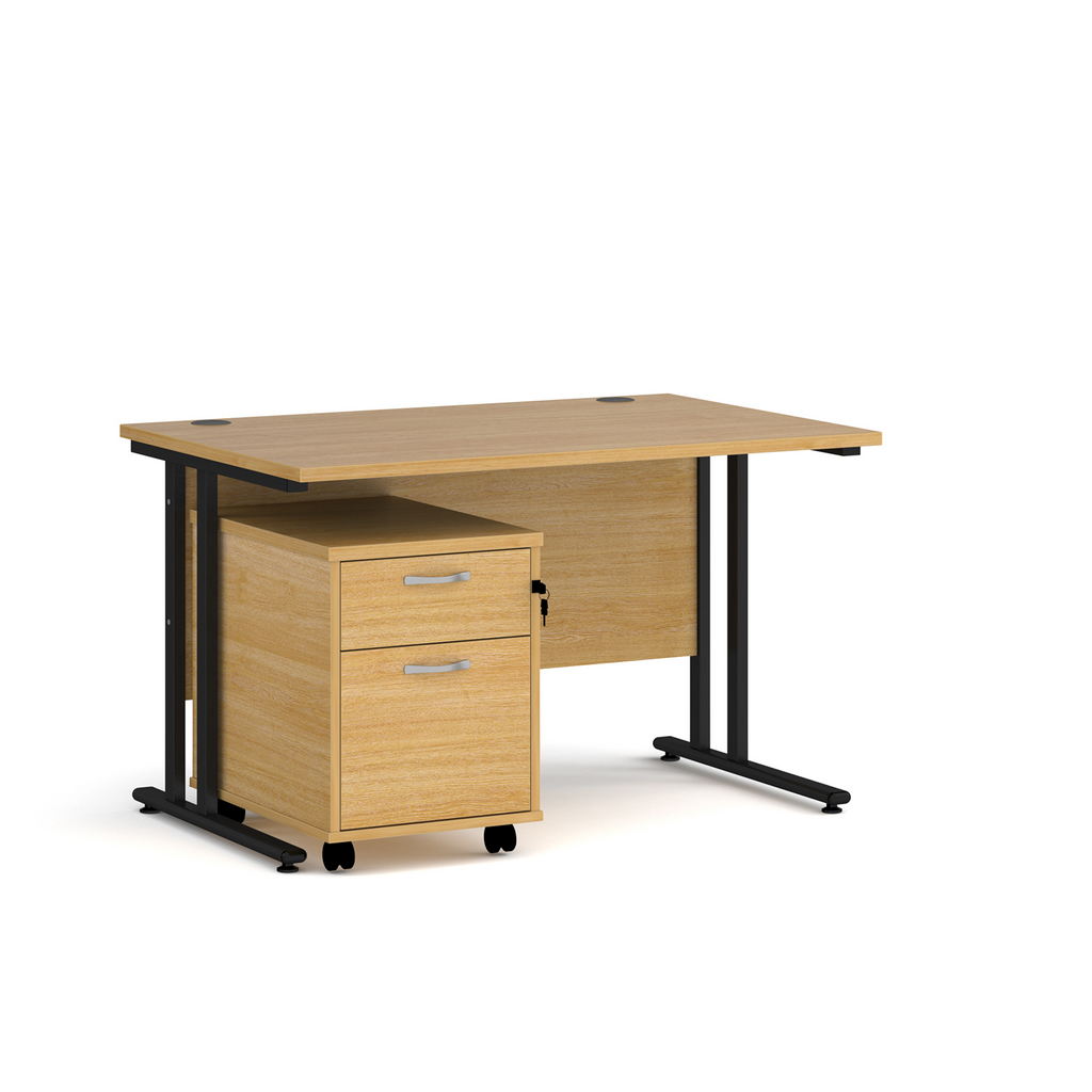 Picture of Maestro 25 straight desk 1200mm x 800mm with black cantilever frame and 2 drawer pedestal - oak