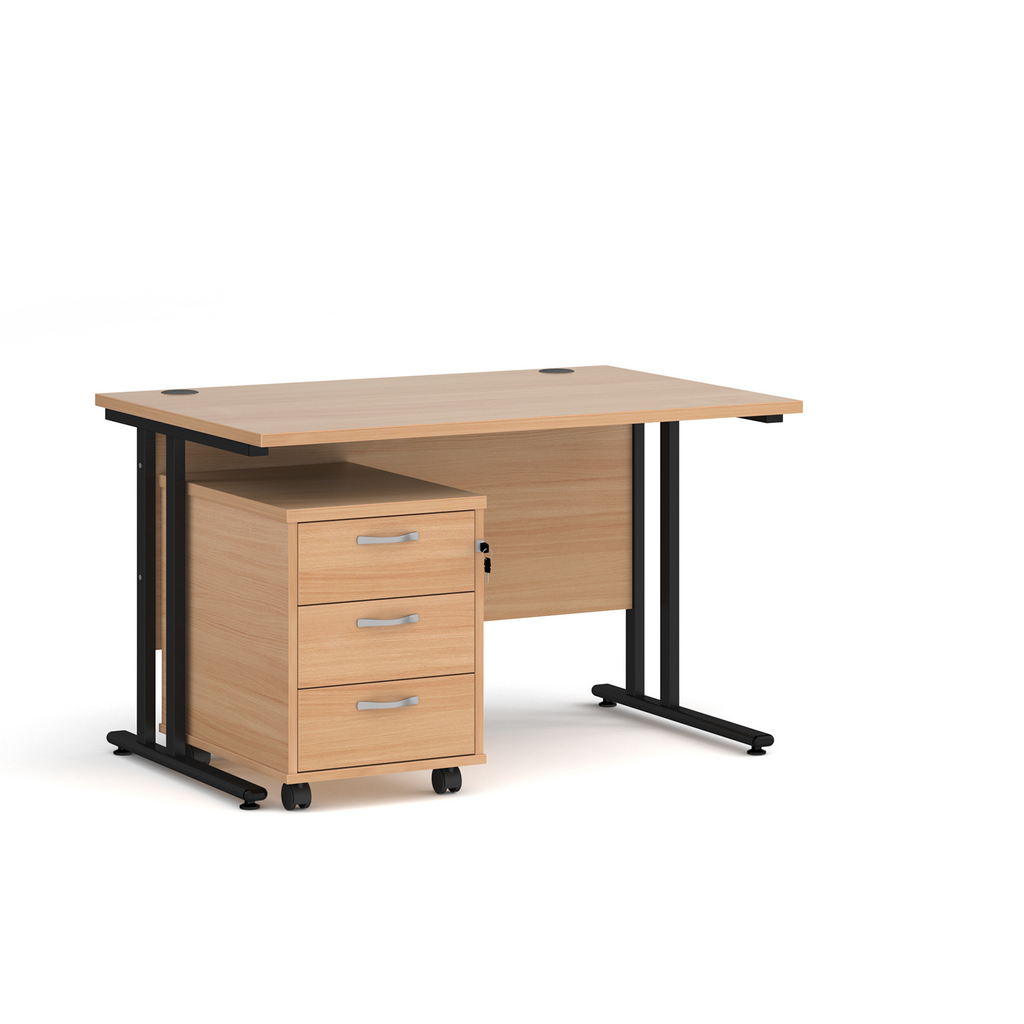 Picture of Maestro 25 straight desk 1200mm x 800mm with black cantilever frame and 3 drawer pedestal - beech