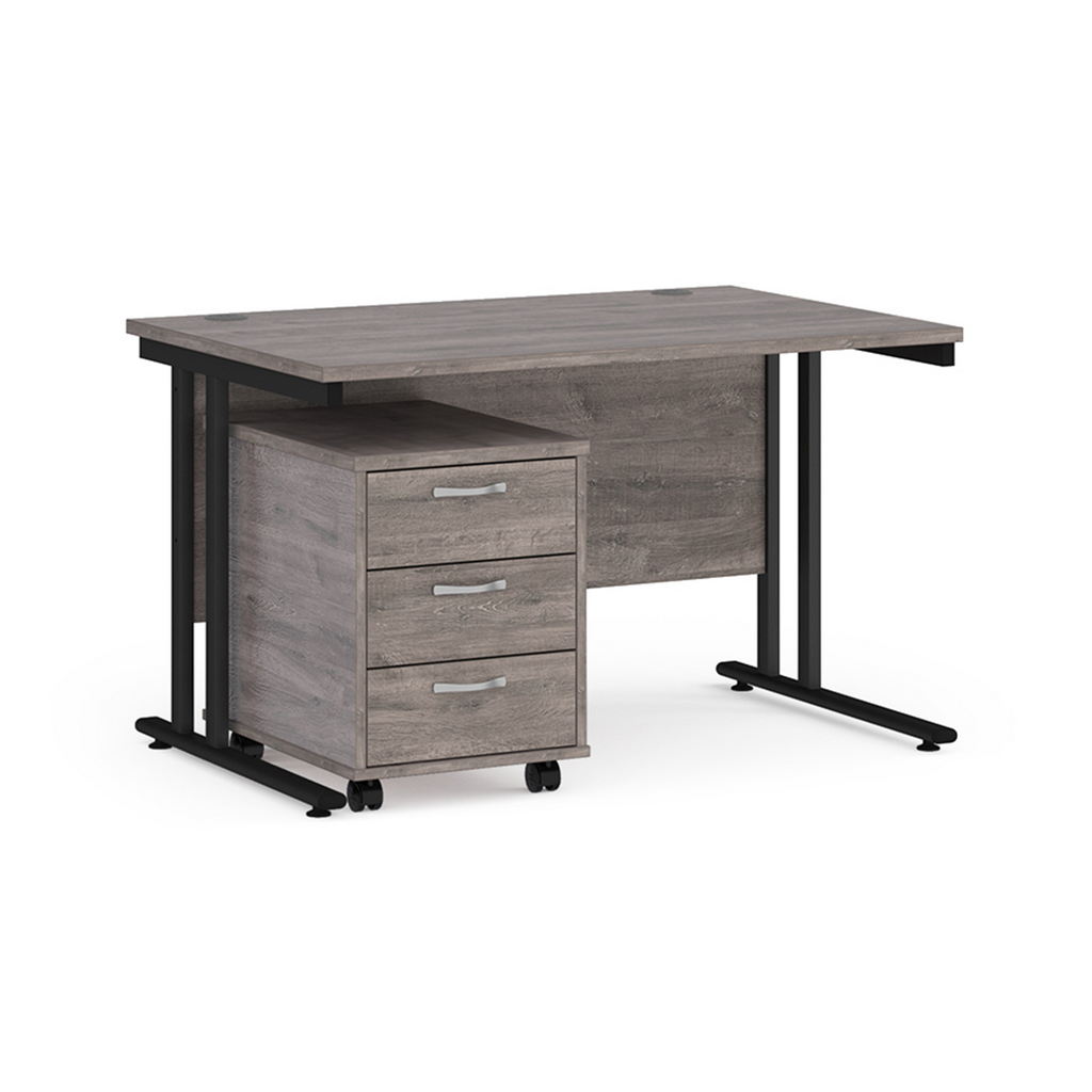 Picture of Maestro 25 straight desk 1200mm x 800mm with black cantilever frame and 3 drawer pedestal - grey oak