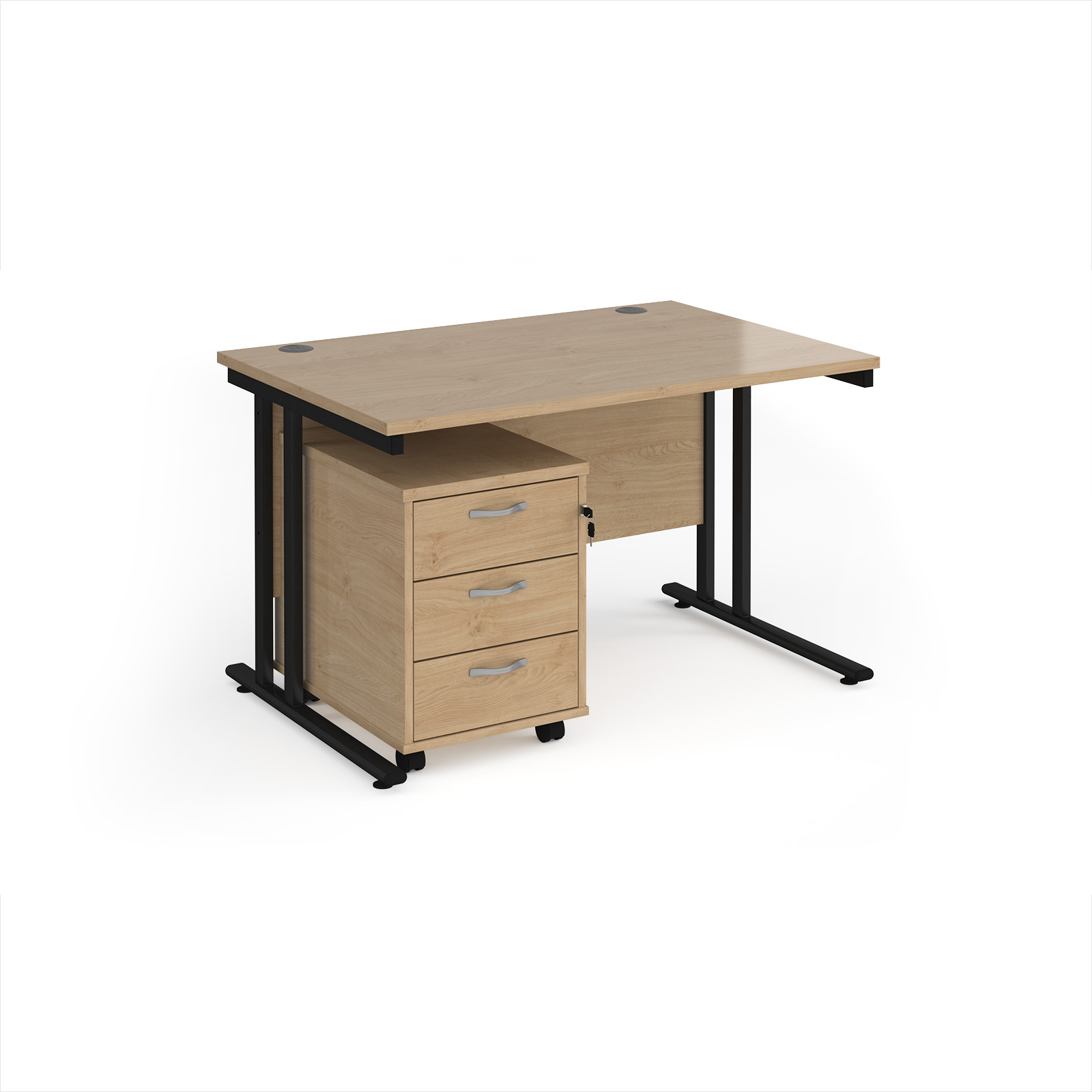 Picture of Maestro 25 straight desk 1200mm x 800mm with black cantilever frame and 3 drawer pedestal - Kendal Oak