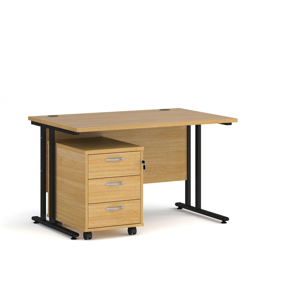 Picture of Maestro 25 straight desk 1200mm x 800mm with black cantilever frame and 3 drawer pedestal - oak