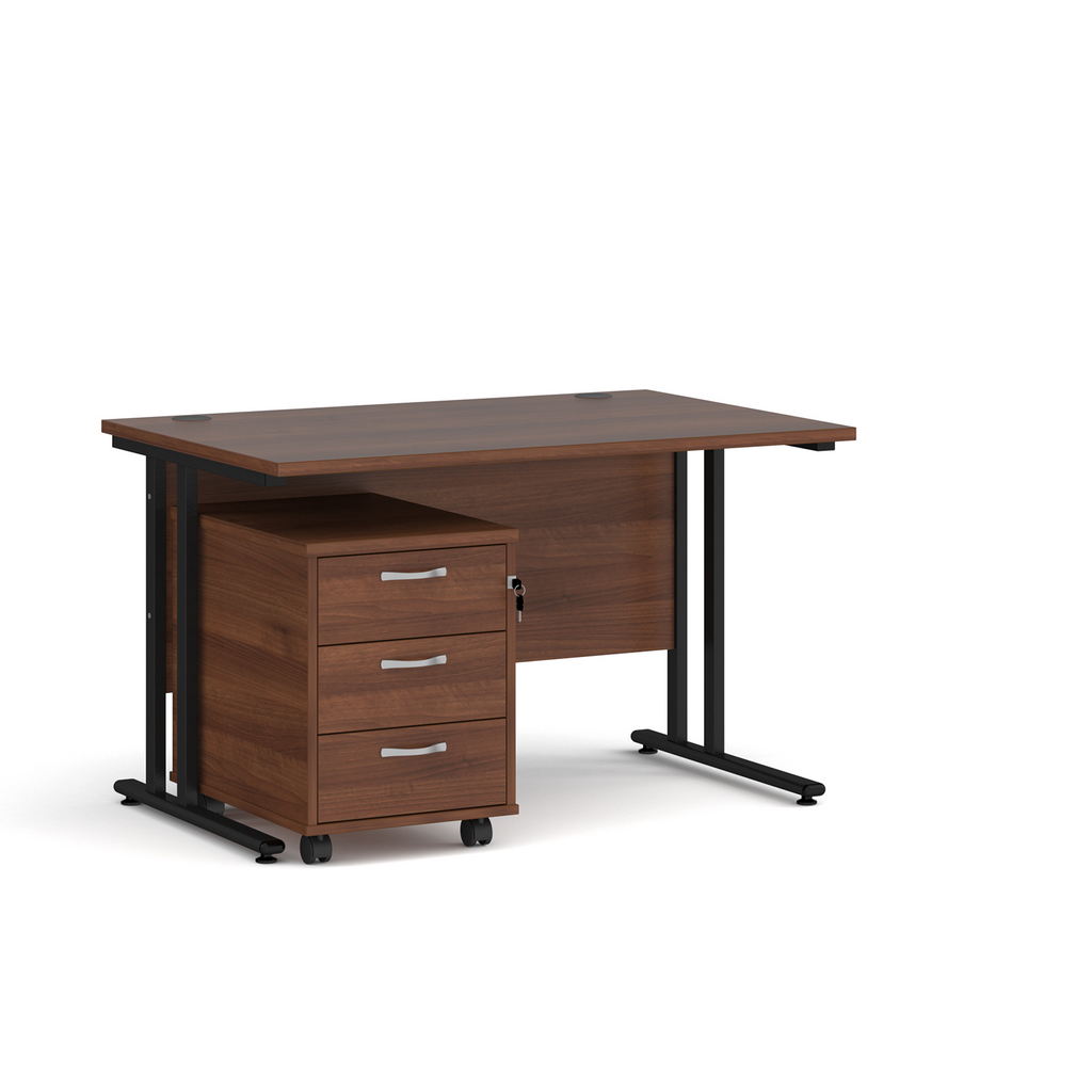 Picture of Maestro 25 straight desk 1200mm x 800mm with black cantilever frame and 3 drawer pedestal - walnut