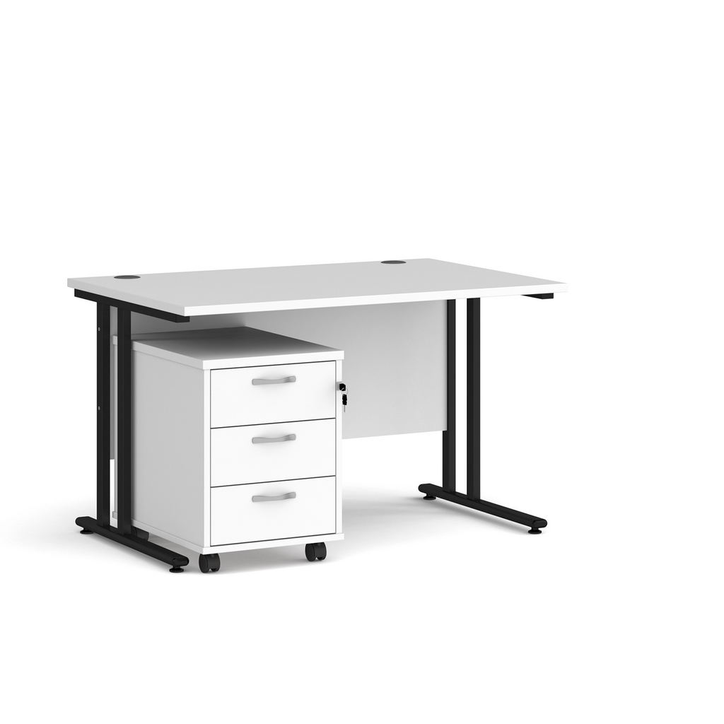 Picture of Maestro 25 straight desk 1200mm x 800mm with black cantilever frame and 3 drawer pedestal - white