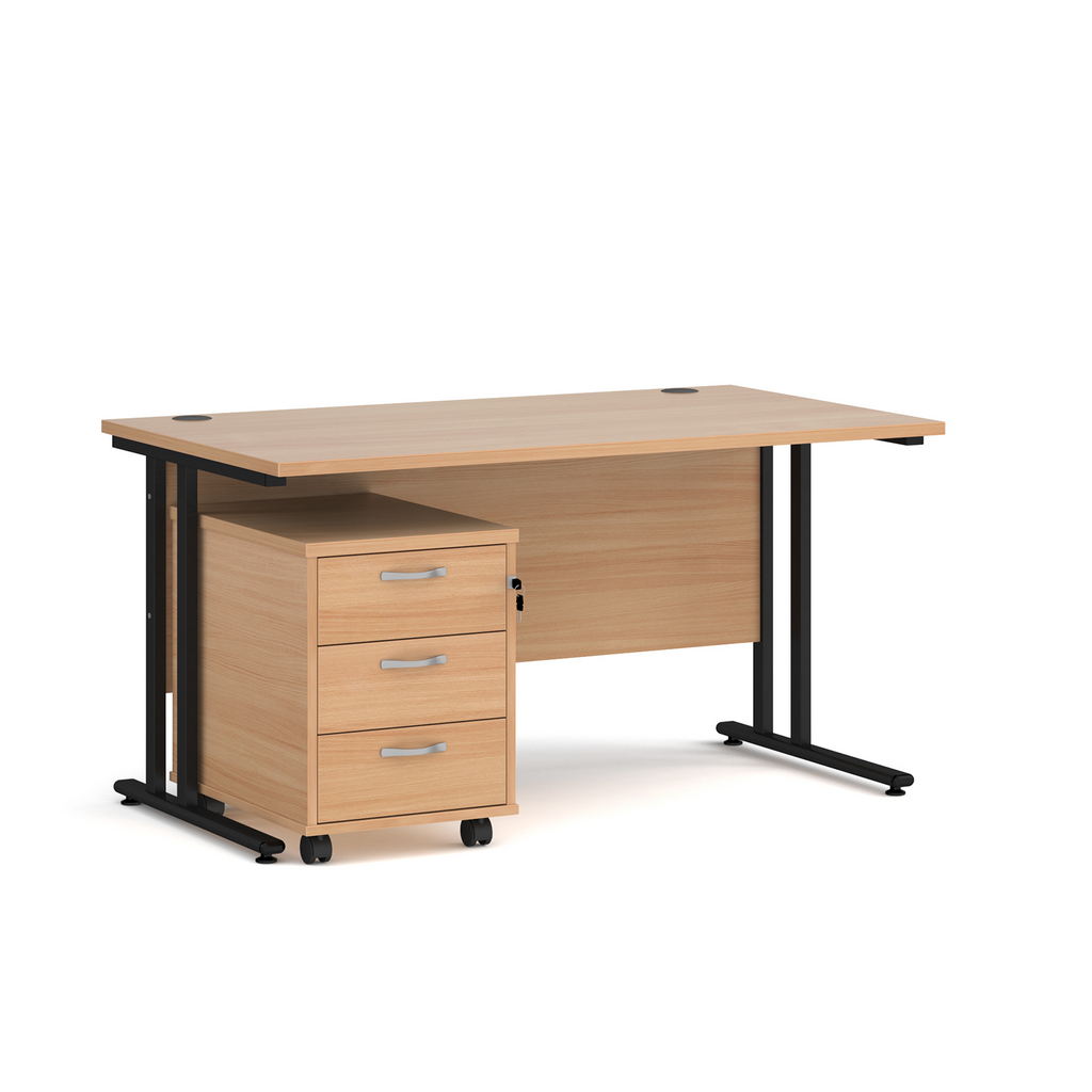 Picture of Maestro 25 straight desk 1400mm x 800mm with black cantilever frame and 3 drawer pedestal - beech