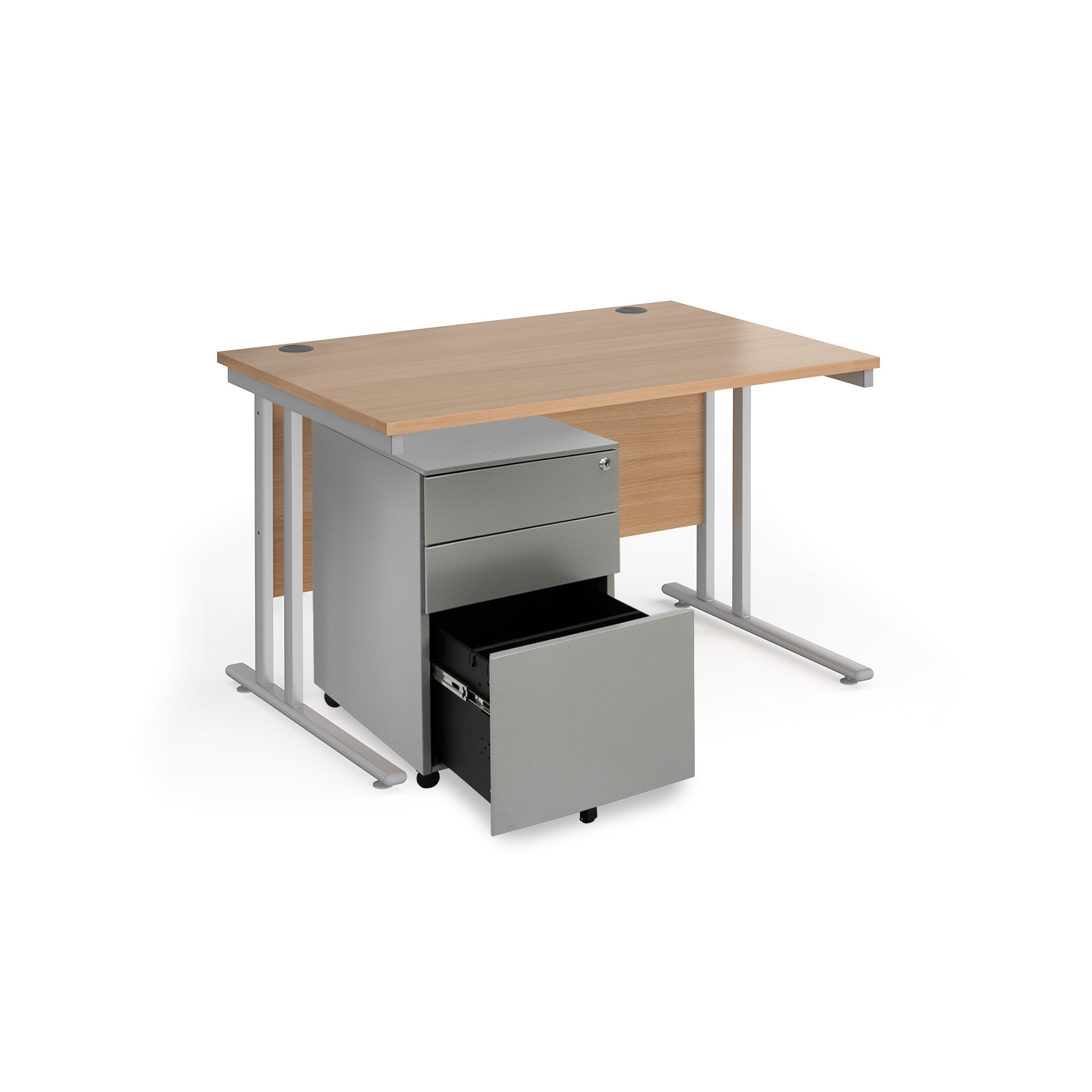 Picture of Maestro 25 bundle straight 1200 desk, silver leg frame and silver steel ped - Grey Oak
