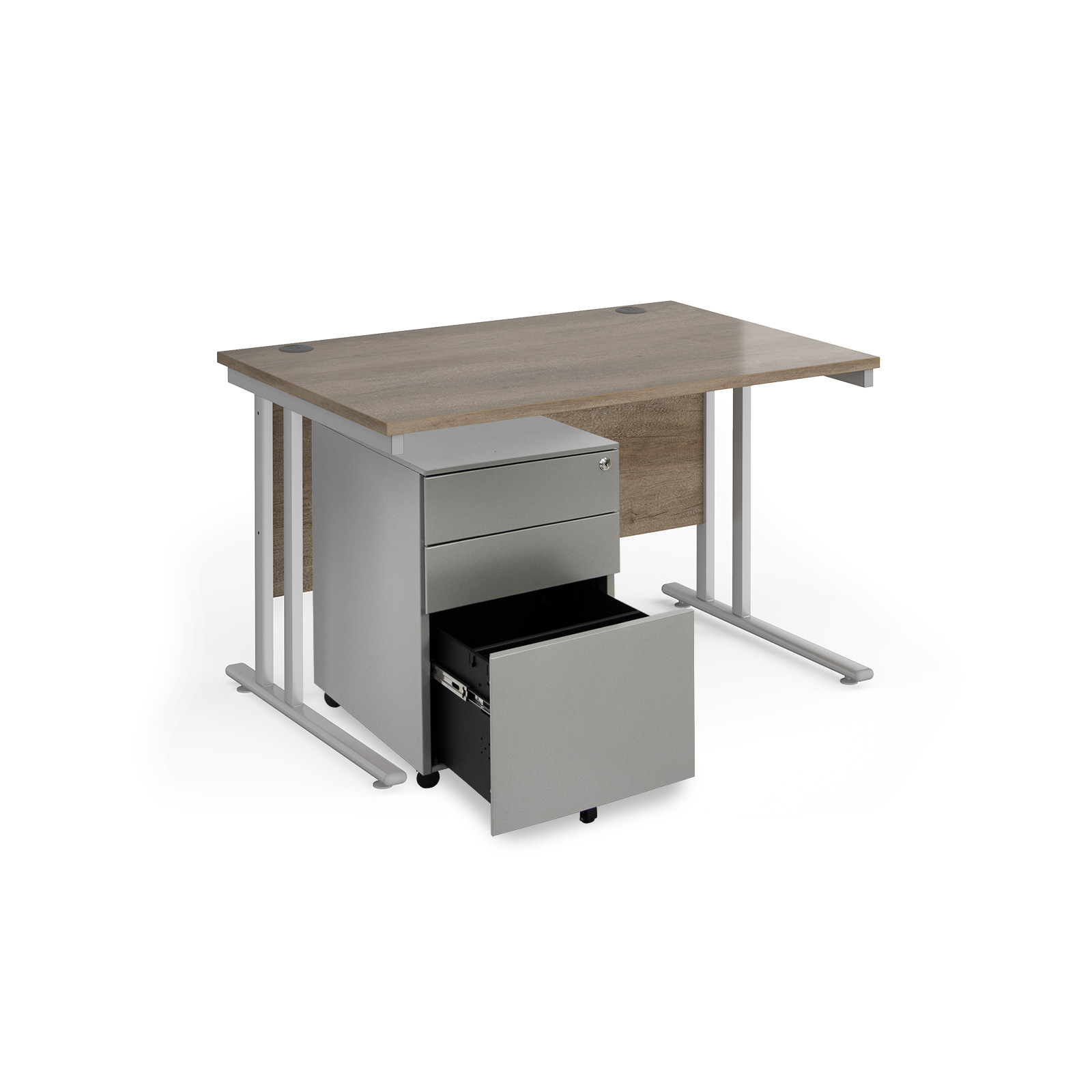 Picture of Maestro 25 bundle straight 1200 desk, silver leg frame and silver steel ped - Nebraska Oak