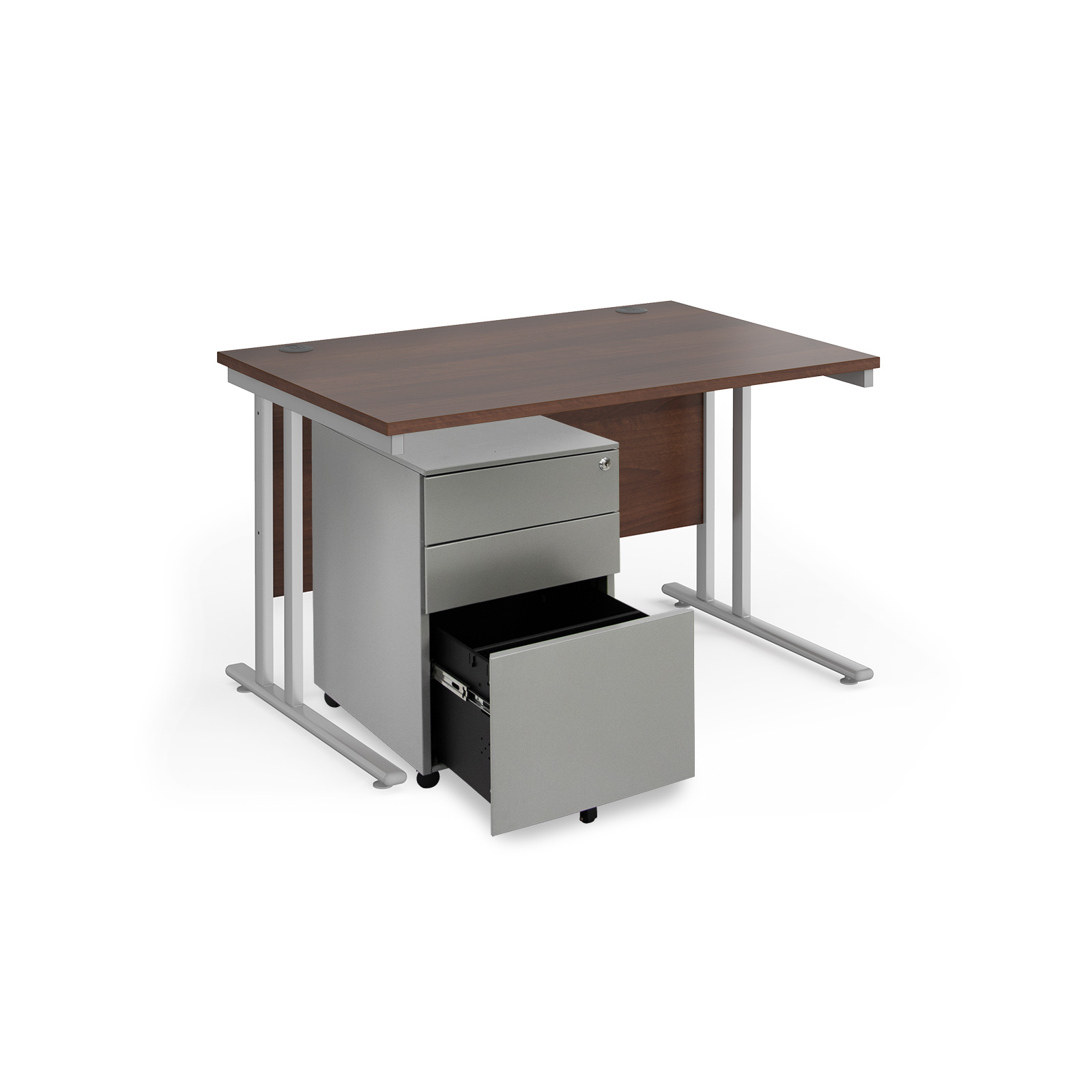 Picture of Maestro 25 bundle straight 1200 desk, silver leg frame and silver steel ped - Walnut
