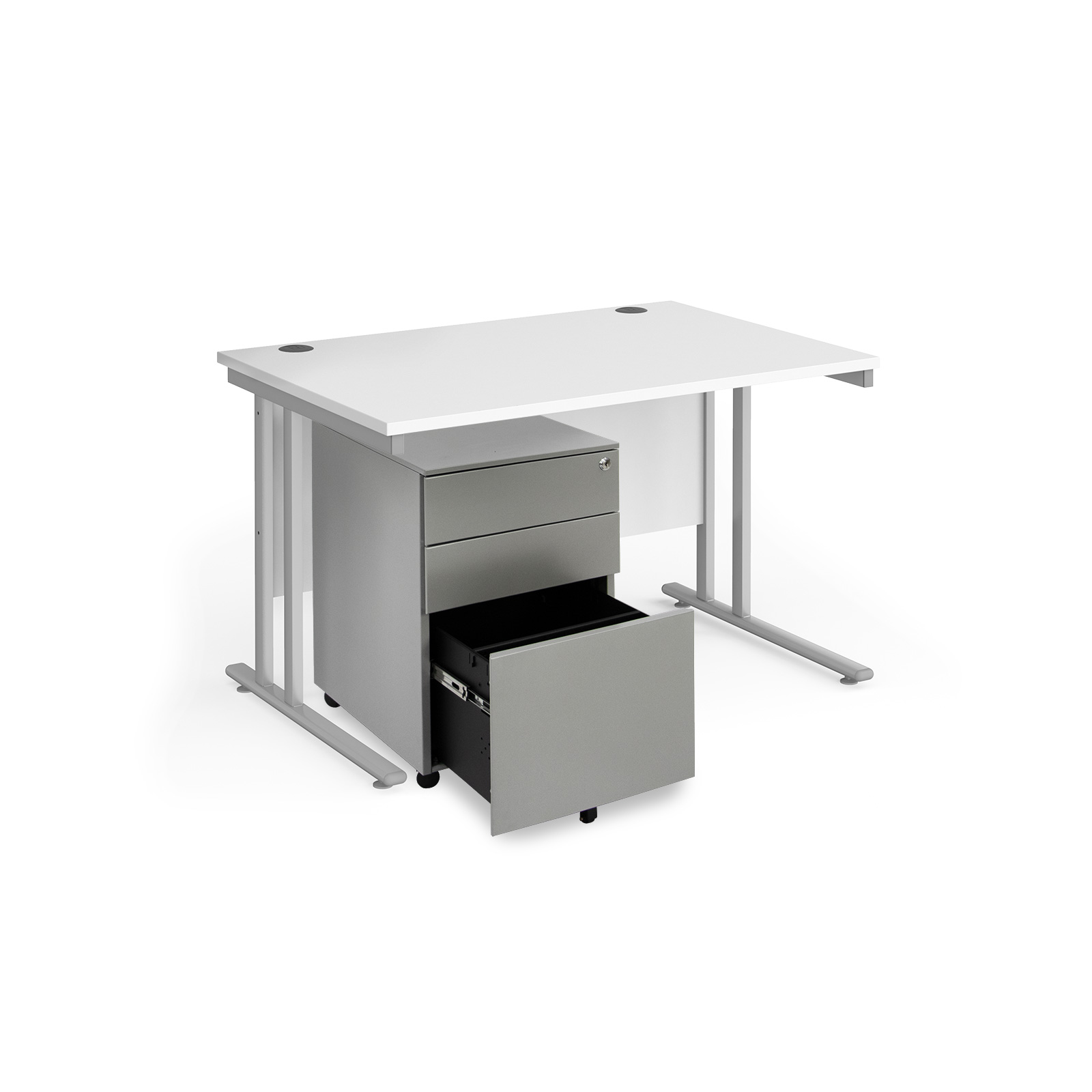Picture of Maestro 25 bundle straight 1200 desk, silver leg frame and silver steel ped - White